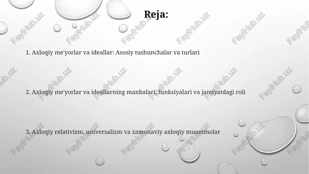 i jamiyatda tartibni saqlash va xulq-atvorni tartibga solishdan iborat. axloqiy ideallarning manbalari falsafiy ta'limotlar, badiiy adabiyotlar va tarixiy shaxslarning ibratli hayotida namoyon bo'ladi; funksiyasi insoniyatni yuksak maqsadlarga ilhomlantirish va yo'naltirishdir. jamiyatda axloqiy me'yorlar va ideallarning roli axloqiy me'yorlar jamiyatda 1)ijtimoiy tartibni saqlashga, 2)munosabatlarni muvofiqlashtirishga va 3)shaxsiy xatti-harakatlarni boshqarishga xizmat qiladi. axloqiy ideallar, masalan, adolat va tenglik, jamiyat a'zolarini 1)yuksak maqsadlarga yo'naltiradi va 2)doimiy takomillashuvga undaydi. jamiyatda axloqiy me'yorlar va ideallar 1)milliy o'zlikni shakllantirishga, 2)madaniy merosni saqlashga va 3)avloddan avlodga uzatishga ko'maklashadi. axloqiy me'yorlar: qonun, relativizm va universalizm axloqiy relativizm har bir madaniyat yoki shaxs uchun 100 foiz to'g'ri axloqiy me'yorlar mavjud emasligini ta'kidlaydi; axloqiy hukmlar 0-100 shkala bo'yicha o'zgaradi. axloqiy me'yorlar va qonun o'rtasidagi munosabatlar murakkab: ba'zi me'yorlar qonun bilan mustahkamlangan, masalan, o'g'irlikni taqiqlash; boshqalari esa, noqulay ahvolga tushib qolish kabi, qonunda aks etmagan bo'lishi mumkin. axloqiy universalizm ba'zi axloqiy me'yorlar barcha odamlar uchun, har qanday madaniyat yoki davlatdan qat'i …
