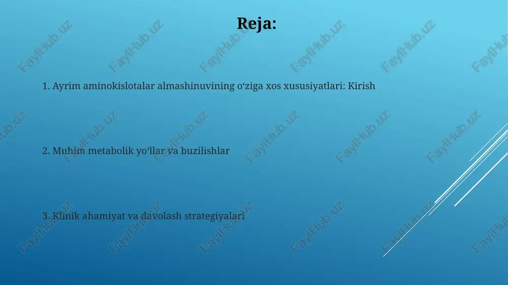 bolizmining asosiy xususiyati uning s-adenosilmetioninga (sam) aylanishidir, bu esa ko'plab transmetillanish reaksiyalarida asosiy metil donori bo'lib xizmat qiladi. homosistein - metionin metabolizmining muhim oraliq mahsuloti bo'lib, sistation beta-sentaz va metionin sintaza fermentlari orqali qayta metioninga yoki sisteinga aylanishi mumkin. triptofan metabolizmi xususiyatlari triptofan metabolizmida nikotin kislotasining (vitamin b3) hosil bo'lishi muhim, bunda kamida 60 mg triptofan 1 mg nikotin kislotasiga aylanadi. triptofanning serotonin va melatonin kabi neyrotransmitterlarga aylanishi ruhiy holat, uyqu va ishtahani tartibga solishda muhim rol o'ynaydi. valin, leysin va izoleysin metabolizmi xususiyatlari (bcaalar) bcaa-larning transaminlanishi asosan mushaklarda sodir bo'ladi, jigar ularni kamroq metabolizm qiladi; bu, azotni glutamatga ko'chirishni va keyinchalik alanin hosil qilishni o'z ichiga oladi. degradatsiya jarayonida izoleysin asetil-coa va propionil-coa hosil qiladi, bu uning glyukoza va yog' kislotalariga aylanish imkoniyatini ko'rsatadi (ya'ni, u glyukogenik va ketogenikdir). lizin metabolizmi xususiyatlari lizin katabolizmi asosan mitoxondriyada sodir bo'ladi va alfa-aminoadipat yo'li orqali ketadi, bu yo'lda sakaropin hosil bo'lishi muhim …
