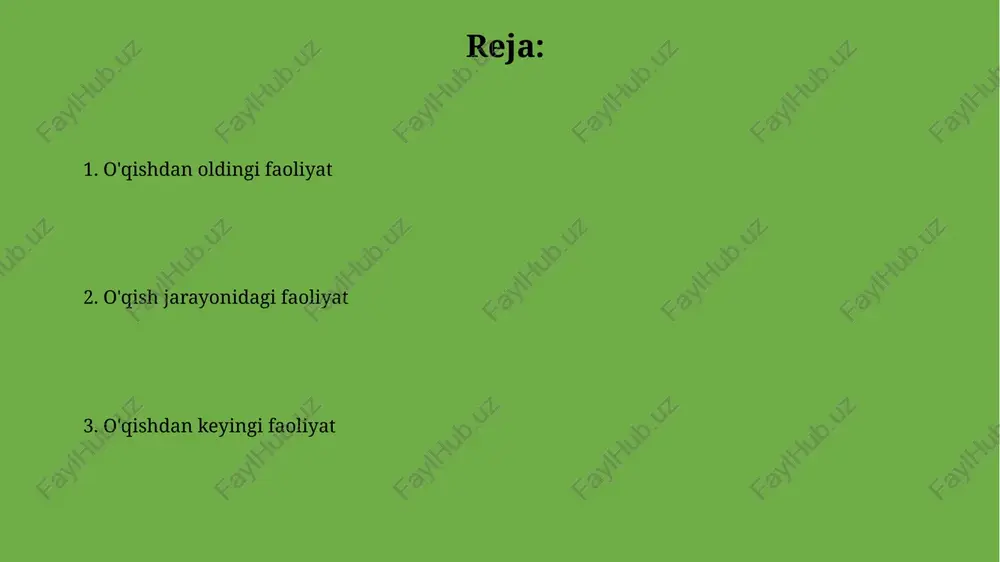 d o'quvchilarni qiziqtirish uchun 2-3 daqiqalik interaktiv o'yinlar yoki savol-javoblar tashkil etish, ularning diqqatini jamlashga yordam beradi va 100% motivatsiyani oshiradi. matnning 5w1h (who, what, where, when, why, how) savollariga javob berish orqali maqsadni aniqlash, o'quvchilarning tushunish darajasini 75% ga ko'taradi va yo'nalish beradi. o'qish davrida: tushunish strategiyalari 'oldindan ko'rish' texnikasi matnning 25-30% ini o'qib, undagi asosiy g'oyalar, personajlar va 3 ta muhim voqea haqida tasavvur hosil qiladi. so'zlarni aniqlash strategiyasi, ya'ni kontekstdan foydalanib 5-10 ta noma'lum so'zlarning ma'nosini taxmin qilish va ularni lug'atda tekshirish muhimdir. o'qishdan keyin: tahlil va baholash asarning 1-darajali bahosi - bu uning badiiy qimmatini aniqlash. shuningdek, muallifning mahoratini, uslubini va 2 xil fikrni baholashni o'z ichiga oladi. tahlilning 3-bosqichida o'quvchi matnning asosiy g'oyasini ochib beradi. ijodiy yondashuvlar orqali 4 ta muhim xulosani ko'rib chiqadi. o'qishdan oldin: bilimlarni faollashtirish oldingi bilimlar faollashuvi o'quvchilarga matnni yaxshiroq tushunishga yordam beradi, 70-80% matnni anglash qobiliyatini oshiradi. 1-bosqichda, o'quvchilar matnning …
