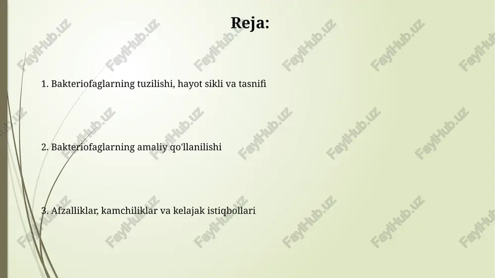 eriofaglar o'simlik kasalliklarini keltirib chiqaruvchi bakteriyalarga qarshi biologik nazorat vositasi sifatida ishlatiladi, bu esa kimyoviy pestitsidlarning foydalanishini kamaytirishi mumkin. oziq-ovqat xavfsizligida bakteriofaglar go'sht, sabzavot va mevalarda patogen bakteriyalarni (masalan, *salmonella*, *e. coli* o157:h7) yo'q qilish uchun qo'llaniladi, bu esa xavfsizroq mahsulotni ta'minlaydi. biotexnologiyada bakteriofaglar va ularning afzalliklari/kamchiliklari bakteriofaglar gen injeneriyasida vektor sifatida ishlatiladi, dnk fragmentlarini bakteriyalarga 10000 bazis juftligigacha o'tkazishga imkon beradi. bu afzallik bo'lib, plazmidlar bilan solishtirganda yuqori sig'imni ta'minlaydi. bakteriofaglar displeyida genetik manipulyatsiya orqali peptidlar va oqsillarni namoyish etish mumkin, bu esa dori vositalarini aniqlash va oqsil evolyutsiyasi kabi sohalarda 10^9 xil variantni skrining qilish imkonini beradi. rezistentlik muammolari va bakteriofag tadqiqotlaridagi istiqbollar bakteriyalar fagga chidamliligini rivojlantirishi mumkin, bu ko'pincha fag retseptorlari yo'qolishi yoki modifikatsiyasi orqali sodir bo'ladi, bu esa fag terapiyasi uchun 10^5 dan 10^7 gacha fag uchun yangi variantlarni talab qiladi. kelajakdagi tadqiqotlar genetik jihatdan modifikatsiyalangan faglarni yaratishga qaratilishi mumkin, masalan, crispr-cas9 tizimi yordamida, fag diapazonini …