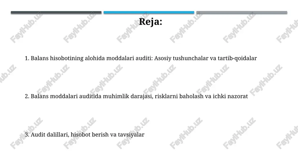da ularning hisob siyosatiga muvofiqligini aniqlashi kerak. asosiy vositalar auditi asosiy vositalar auditida 0100 hisobvarag'i bo'yicha asosiy vositalarning boshlang'ich qiymatini va 0200 hisobvarag'ida ularning amortizatsiyasini tekshirish muhim, chunki bu aktivlarning balansdagi to'g'ri qiymatini aniqlaydi. asosiy vositalar auditida auditor ifrs talablariga muvofiq aktivlarning hisobga olinishi, amortizatsiya siyosati (masalan, to'g'ri chiziqli usul) va ularning muddati to'g'ri belgilanganligini baholashi kerak. majburiyatlar auditi majburiyatlar auditida muddati oʻtgan qarzlarning mavjudligi tekshiriladi, bu kompaniyaning likvidliligiga ta’sir qiladi va 365-sonli bxsda talablarga mosligi aniqlanadi. audit jarayonida foizsiz qarzlar kabi moliyaviy majburiyatlarning toʻgʻri baholanishi nazorat qilinadi, bu esa 52-sonli bxs talablariga muvofiq boʻlishi shart. xususiy kapital auditi xususiy kapital auditi aksiyadorlik kapitali, qo'shimcha kapital va taqsimlanmagan foydani tekshiradi, buxgalteriya hisobining 101-sonli standarti va boshqa qoidalarga muvofiq 5% muhimlik darajasida hisobot beradi. audit taqsimlanmagan foydaning o'zgarishini, shu jumladan dividendlar to'lovini va sof foyda hisobotini tasdiqlash uchun mo'ljallangan. bunga 300-sonli audit standartlari ta'sir qiladi. e'tiboringiz uchun rahmat image1.jpg image2.jpg image3.jpg …