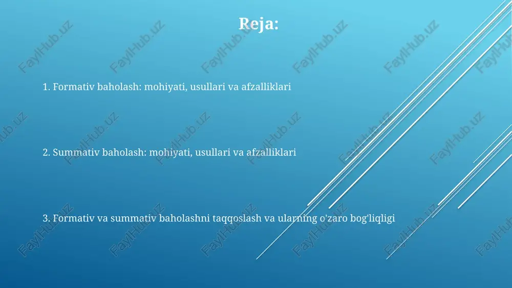 htirish darajasini 100 ballik tizimda aniqlashga qaratilgan. summativ baholashning maqsadi - o'quvchilarning o'quv davri (misol uchun, bir yil) davomida egallagan bilim va ko'nikmalarini jamlash va ularga yakuniy baho berish, shuningdek, reytingni aniqlash. summativ baholash, odatda, yozma imtihonlar, testlar yoki loyihalar orqali amalga oshiriladi va o'quvchilarning 70 foizdan kam bo'lmagan materialni o'zlashtirganligini ko'rsatishi lozim. formativ va summativ baholashning asosiy farqlari summativ baholash esa o'quv dasturining yakunida o'quvchilarning o'zlashtirish darajasini baholash uchun qo'llaniladi, masalan, imtihonlar yoki yakuniy loyihalar. formativ baholash o'quv jarayonida o'quvchilarning bilim darajasini aniqlashga qaratilgan va qayta aloqa berish orqali ta'lim sifatini oshirishga xizmat qiladi. formativ baholash o'quvchilar uchun past xavfli muhit yaratadi, xatolarni aniqlashga va o'rganishni yaxshilashga yordam beradi, summativ baholash esa reytinglar va sertifikatlar berish uchun qo'llaniladi. formativ baholash usullari "muddy point" texnikasi o'quvchilardan darsdagi eng tushunarsiz nuqtalarni aniqlashni so'raydi, bu esa o'qituvchiga keyingi darsda diqqatni qaratish lozim bo'lgan sohalarni ko'rsatadi. formativ baholashda "ikki yulduz va bir taklif" …