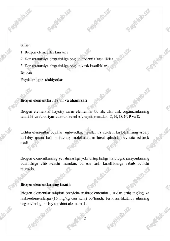 ehtiyoj 150 mkg. biogen elementlarning atrof-muhitdagi manbalari biogen elementlarning atmosfera manbalari vulqon otilishlari natijasida hosil bo'lgan gazlar va aerozollarni, shu jumladan, 10-15% oltingugurt va fosfor birikmalarini o'z ichiga oladi. tuproqlar, minerallar va tog' jinslari biogen elementlarning muhim manbai bo'lib, ularning nurashi natijasida 20 dan ortiq elementlar (kaltsiy, kaliy, magniy) suvga o'tadi. antropogen faoliyat, jumladan, sanoat chiqindilari va qishloq xo'jaligi o'g'itlari orqali azot, fosfor kabi elementlarning kontsentratsiyasi 30-40% ga oshishi mumkin. biogen elementlarning kontsentratsiyasiga ta'sir etuvchi omillar geokimyoviy omillar, tuproq va suv tarkibidagi elementlarning miqdori, o'simliklar orqali o'tib, oziq-ovqat zanjirida 10-100 barobar konsentratsiya o'zgarishiga sabab bo'lishi mumkin. antropogen ta'sir, sanoat chiqindilari va qishloq xo'jaligi faoliyati bilan ifodalanadi, ayrim biogen elementlarning 0.01-10 mg/l oraliqda keskin oshishiga olib kelishi mumkin. iqlim o'zgarishlari, harorat va yog'ingarchilikning o'zgarishi tuproqdagi eruvchanlik va mikroorganizmlar faolligiga ta'sir etib, elementlar konsentratsiyasini 5-20% o'zgartirishi mumkin. endemik kasalliklar: ta'rif va sabablari endemik kasalliklar ma'lum geografik hududda doimiy ravishda uchraydigan kasalliklardir; masalan, …