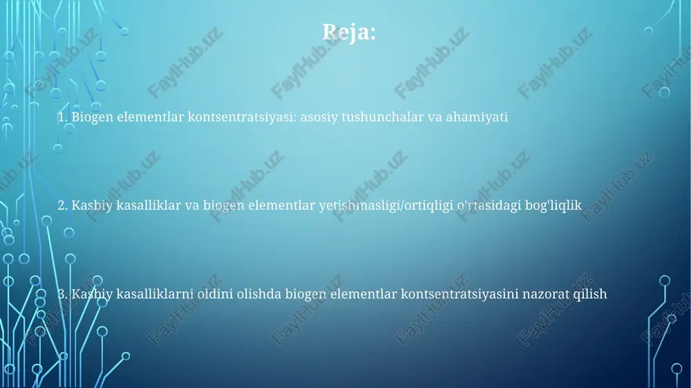 hxislash va davolash orqali 10-15% kasbiy kasalliklarning og'ir shakllariga o'tishini oldini olish mumkin. ish joylarida zn, cu, fe kabi elementlar darajasini nazorat qilish, xodimlarning sog'lig'ini himoya qilishda 15-20% kasbiy kasalliklarni kamaytirishga yordam beradi. selen, magniy va ruxning optimal nisbatini ta'minlash orqali (mg:zn=3:1) ishchilarning immunitetini 25% ga oshirish, xavfli omillarga qarshilikni kuchaytirish mumkin. e'tiboringiz uchun rahmat image3.png image1.png image2.png