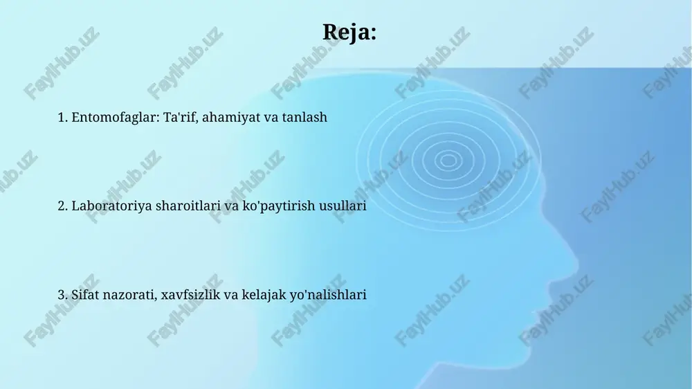 usuli qo'llaniladi, bunda katta sig'imli idishlarda 1000 dan ortiq hasharotlar tuxum qo'yadi va lichinkalar zararkunandalar bilan oziqlanadi. qafas usuli ilmiy izlanishlar uchun mos, kichik qafaslarda bir nechta urg'ochi entomofaglar o'z turiga xos ozuqa zararkunandalari bilan ta'minlanadi. zararkunandalarni yetishtirish zararkunandalarni yetishtirish, zararkunanda turiga bog'liq bo'lgan ma'lum sharoitlarni, masalan, harorat 25-30°c va namlik 60-70% ni talab qiladi, shuningdek ularning ozuqa ehtiyojlarini qondirishni o'z ichiga oladi. zararkunandalarni oziqlantirish entomofaglarni ko'paytirish muvaffaqiyatining muhim jihati hisoblanadi, bu jarayon o'simlik materiallari yoki sun'iy ovqatlanish usullari orqali amalga oshirilishi mumkin, va barcha zaruriy oziqa moddalari bilan ta'minlash kerak. sifat nazorati sifat nazorati entomofaglarning parazitlik darajasi 85% dan yuqori ekanligini ta'minlash uchun muntazam tekshiruvlarni o'z ichiga oladi, bu esa ekinlarni biologik himoya qilishda samaradorlikni kafolatlaydi. entomofaglarning o'lchami va og'irligi kabi morfologik ko'rsatkichlarini baholash, ularning yashash qobiliyati va zararkunandalarga qarshi kurashish qobiliyatini baholash uchun har 1000 tadan kamida 50 tasini tanlab tekshirish kerak. kasalliklar va ularning oldini olish entomofaglarda …