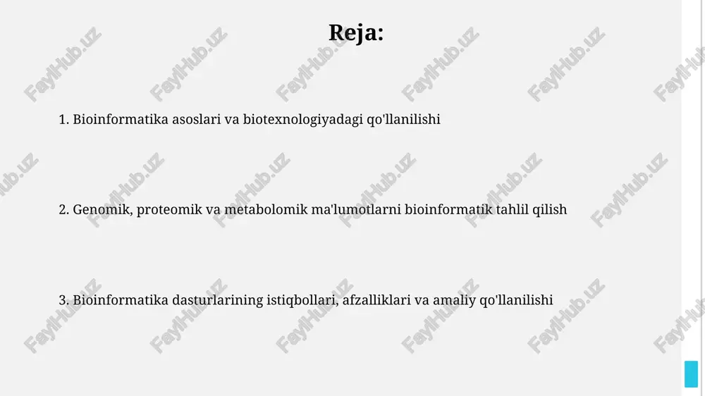 ni tahlil qilish orqali mikrobial jamiyatlarni aniqlash va bioremediatsiyada ulardan foydalanish uchun genetik ma'lumotlar ishlatiladi. bioinformatika dasturlari va ma'lumotlar bazalari ncbi ning genbank ma'lumotlar bazasi 250 milliondan ortiq genetik ketma-ketliklarni o'z ichiga oladi va turli bioinformatika dasturlari orqali, jumladan blast va entrez orqali bepul foydalanish mumkin. blast (basic local alignment search tool) dasturi dnk yoki protein ketma-ketliklarini millionlab boshqa ketma-ketliklar bilan taqqoslash uchun ishlatiladi, bu funktsiya e-qiymati va foiz o'xshashligi orqali aniqlanadi. bioinformatikada dasturlash va algoritmlar bioinformatikada python va r kabi dasturlash tillari keng qo'llaniladi, chunki ular genetik ma'lumotlarni tahlil qilish uchun mos 1000 dan ortiq maxsus kutubxonalarga ega. bioinformatik algoritmikasi 10^9 tagacha bo'lgan genetik ketma-ketliklarni qidirish va taqqoslashda yordam beradi, bu esa dnk ketma-ketligini aniqlashda muhim ahamiyatga ega. bioinformatikaning afzalliklari, kamchiliklari va kelajagi bioinformatika genomik ma'lumotlarni tezkor tahlil qilish, kasalliklar diagnostikasi va yangi dori vositalarini ishlab chiqish jarayonlarini 50% ga tezlashtiradi, lekin ma'lumotlarning noto'g'ri interpretatsiyasi xavfi mavjud. bioinformatika qishloq …