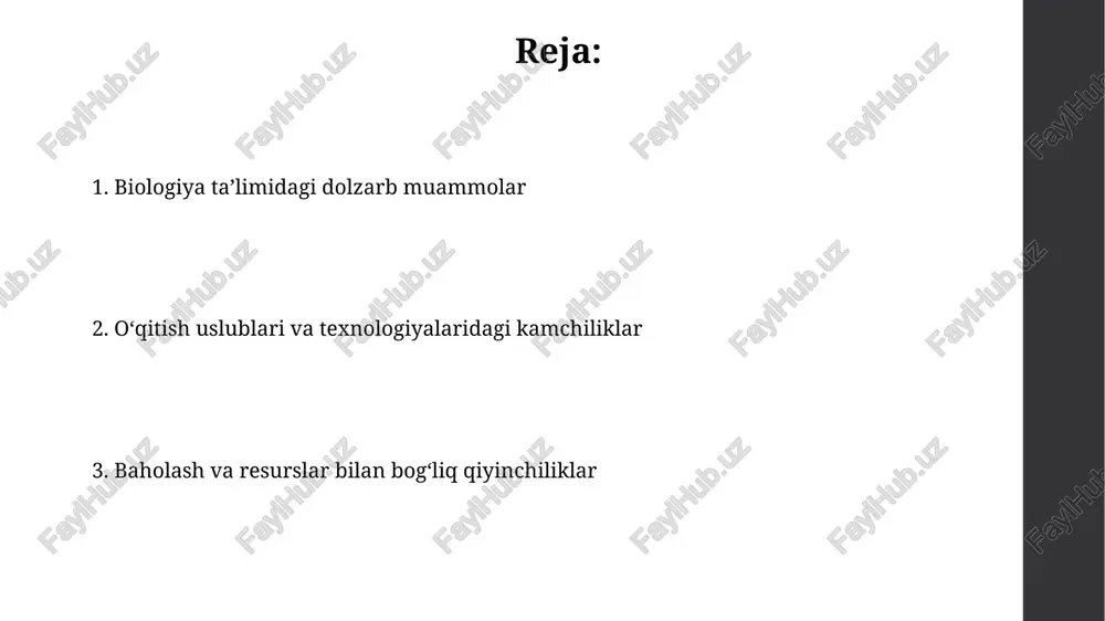 abalarning molekulyar biologiya va genetik injeneriya sohalaridagi 5% amaliy ko'nikmalarini cheklaydi. baholash usullarining samaradorligi an'anaviy baholash usullari, masalan, testlar faqat faktlarni eslab qolishni tekshiradi, chuqur tushunishni va ilmiy fikrlashni baholashda yetarli emasligi kuzatilgan. formativ baholashning kam qo'llanilishi talabalarga o'z vaqtida fikr-mulohazalar berishni cheklaydi, bu ularning o'quv jarayonini optimallashtirishda muhim rol o'ynaydi. o'qituvchilarning kasbiy rivojlanishi o'qituvchilarning kasbiy rivojlanishi 21-asr ko'nikmalariga, masalan, tanqidiy fikrlashga yo'naltirilgan 100 soatlik kurslarni o'z ichiga olishi kerak. biologiya o'qituvchilarining malakasini oshirishda 3 yillik akkreditatsiya davrida kamida 36 soatlik fan bo'yicha treninglar zarur hisoblanadi. resurslar va infratuzilmaning yetishmasligi ko'pgina maktablar zamonaviy biologiya laboratoriyalari, mikroskoplar va zarur kimyoviy moddalar kabi muhim jihozlarga yetarli investitsiya qilmagan, bu amaliy mashg'ulotlarni cheklaydi. ko'plab o'qituvchilar muntazam ravishda o'z kasbiy mahoratini oshirish uchun zamonaviy molekulyar biologiya usullari bo'yicha o'qishlar va laboratoriya treninglarida qatnashish imkoniyatiga ega emas. e'tiboringiz uchun rahmat image1.png image2.jpg image3.jpg image4.jpg image5.jpg image6.jpg image7.jpg image8.jpg