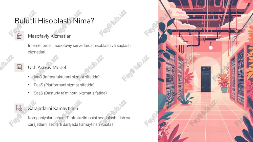 ma’lumotlarni real vaqtda tahlil qilish imkoniyatlari. 6 misol: evobulut crm va moliyaviy boshqaruv 50+ foydalanuvchilar 50 dan ortiq foydalanuvchi bilan bir nechta shahar bo‘ylab boshqaruvni ta’minlaydi. real vaqtli kuzatuv real vaqtda inventarizatsiya va moliyaviy jarayonlarni kuzatish imkoniyati. 40% vaqt tejash ish jarayonlarida 40% vaqt tejash va xatoliklarni kamaytirish. 7 bulutli hisoblashning kelajagi va trendlar kichik va o‘rta biznes kichik va o‘rta bizneslar uchun ham arzon va qulay yechimlar kengayib bormoqda. ai va katta ma’lumotlar sun’iy intellekt va katta ma’lumotlarni bulutda ishlatish imkoniyatlari oshmoqda. raqamli transformatsiya bulutli texnologiyalar yordamida biznes jarayonlarni avtomatlashtirish va raqamli transformatsiya jadallashmoqda. 8 bulutli hisoblashdan foydalanishda e’tibor berish kerak bo‘lgan masalalar internetga ulanish internetga doimiy va tezkor ulanish zarurati, aks holda ish jarayonlari sekinlashishi mumkin. ma’lumotlar maxfiyligi ma’lumotlarni maxfiyligi va mahalliy qonuniy talablarga rioya qilish muhimdir. provayder tanlash provayder tanlashda xizmat sifati, texnik qo‘llab-quvvatlash va xavfsizlik standartlariga e’tibor berish lozim. 9 xulosa: bulutli hisoblash — biznesni tezkor, …