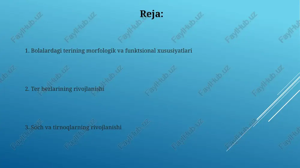 er bezlarining rivojlanishi va turlari ekkrin ter bezlari, erta homiladorlik davrida paydo bo'lib, butun tanada, ayniqsa qo'llar va oyoqlarda, issiqlikni tartibga solishda va terlash orqali tana haroratini nazorat qilishda muhim rol o'ynaydi. apokrin ter bezlari, pubertatdan keyin faollashadi va asosan qo'ltiq osti va jinsiy a'zolarda joylashgan bo'lib, ular tarkibida oqsil va yog'lar mavjud bo'lgan o'ziga xos hidli moddalarni ishlab chiqaradi. ekkrin ter bezlarining funktsiyalari ekrin ter bezlari asosan termoregulyatsiya orqali tananing haroratini 36.5-37.5 °c da ushlab turadi, bu esa hayotiy fermentativ jarayonlar uchun zarurdir. ekrin bezlari terlash orqali metabolik chiqindilarni, masalan, natriy xlorid va siydik kislotasining kichik miqdorlarini chiqarib tashlaydi va bu detoksifikatsiyada yordam beradi. apokrin ter bezlarining rivojlanishi va funktsiyalari apokrin bezlari pubertat davrida faollashadi, hid ishlab chiqarish uchun mas'ul bo'lib, tarkibida yog'li moddalar va oqsillar mavjud bo'lgan o'ziga xos sekretsiya ajratadi. bu bezlar asosan qo'ltiq osti, perineum va ko'krak qafasi areolasida joylashgan bo'lib, ularning rivojlanishi gormonal o'zgarishlar bilan …