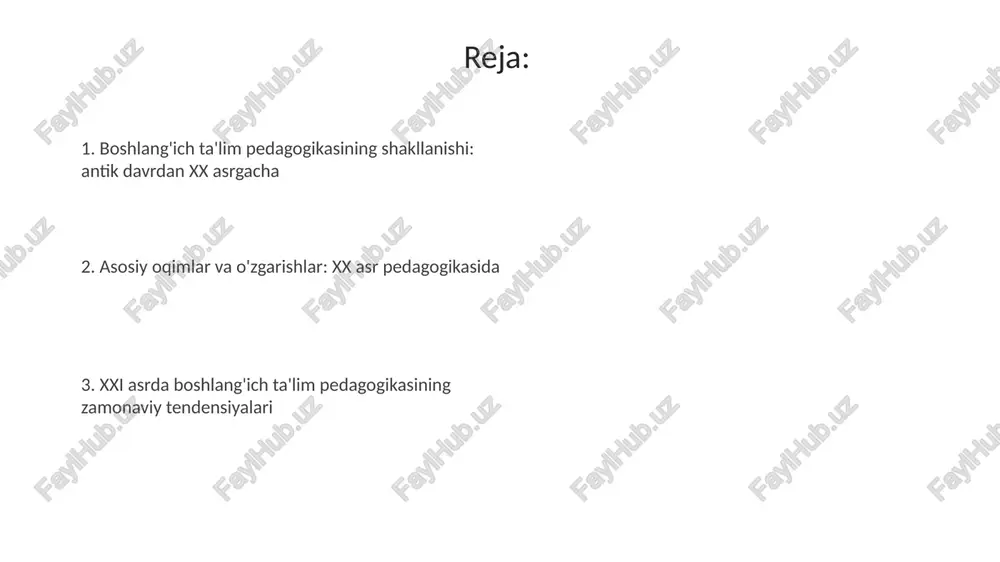 ha monastirlar va cherkovlar tomonidan ta'minlangan, asosiy e'tibor diniy ta'lim va lotin tilini o'rgatishga qaratilgan, 7 yoshdan boshlab saboq berilgan. renessans va islohot davrida pedagogik o'zgarishlar renessans davrida *gumanistik* pedagogika rivojlanib, o'quvchilarni *erkin fikrlashga* undadi. maktablarda *lotin va yunon* tillarini o'rganish asosiy maqsadlardan biri bo'lib qoldi. islohot davrida *martin lyuter* ta'limni *universal* qilishga chaqirdi. u, barcha bolalar, ayniqsa *qizlar* uchun maktablar tashkil etishni talab qildi. renessans ta'limi *individual* yondashuvni targ'ib qildi. o'qituvchilar har bir o'quvchining *qobiliyati* va *qiziqishlariga* moslashtirilgan usullarni qo'llashga harakat qilishdi. xx asrda boshlang'ich ta'limning rivojlanishi xx asrda o'zbekistonda boshlang'ich ta'limda "savodxonlikni tugatish" dasturi keng joriy etildi, 1930-yillarda esa majburiy to'rt yillik ta'lim tizimi yaratildi, bu ta'lim olish imkoniyatini oshirdi. 1960-yillarda boshlang'ich sinflarda o'qitish metodikasi takomillashtirildi, xususan, l.v. zankovning rivojlantiruvchi ta'lim konsepsiyasi tajriba tariqasida qo'llanila boshlandi va pedagogik izlanishlar olib borildi. xx asr oxirida o'zbekiston mustaqillikka erishgach, ta'lim tizimida tub islohotlar amalga oshirildi, jumladan, milliy qadriyatlar va zamonaviy …