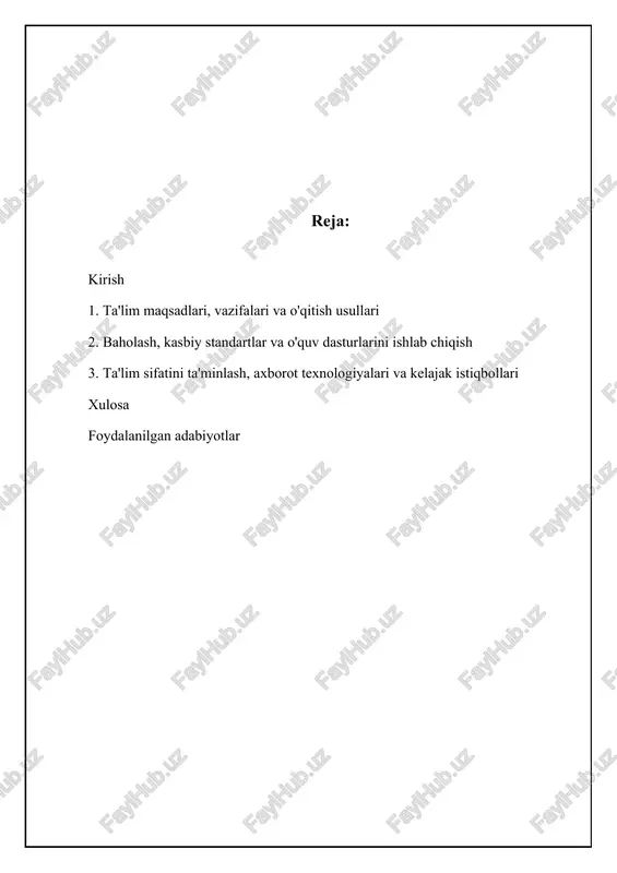 hi kerak. ta'lim maqsadlarini belgilashda mehnat bozori talablari, sohadagi texnologik o'zgarishlar va xalqaro standartlar hisobga olinadi. misol uchun, bugungi kunda korxonalarda raqamli texnologiyalarning jadal rivojlanishi buxgalterlardan excel, 1c, va boshqa buxgalteriya dasturlari bilan ishlash ko'nikmalarini talab qiladi. shuningdek, xalqaro moliyaviy hisobot standartlarining (xmhxs) joriy etilishi bilan bog'liq holda, talabalarda ushbu standartlarni tushunish va amalda qo'llay olish kompetensiyalari shakllantirilishi zarur. ilmiy yondashuv asosida ta'lim maqsadlarini aniqlashda bloom taksonomiyasidan foydalanish samarali hisoblanadi. bloom taksonomiyasi bilish sohasidagi maqsadlarni 6 bosqichga ajratadi: bilish, tushunish, qo'llash, tahlil qilish, sintez qilish va baholash. buxgalteriya hisobi va audit sohasidagi ta'lim maqsadlari talabalarning ushbu bosqichlar bo'yicha rivojlanishiga qaratilgan bo'lishi kerak. masalan, "moliyaviy hisobotni bilish" maqsadidan "moliyaviy hisobotlarni tahlil qila olish va kompaniya faoliyatini baholash" maqsadiga o'tish talabalarning chuqur va amaliy bilim olishlariga yordam beradi. bu ularga nafaqat faktlarni eslab qolish, balki ularni amaliy vaziyatlarda qo'llash va tahlil qilish imkoniyatini beradi. buxgalteriya hisobi va audit fanini o'qitish uslublarini tanlashning …