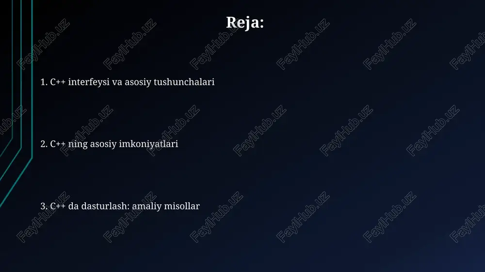 siyalar yoki operatorlarning 2 yoki undan ortiq shakllarga ega bo'lishiga imkon beradi, bu esa kodni qayta ishlatish va moslashuvchanlikni oshiradi. polimorfizmning 2 asosiy turi mavjud: kompilyatsiya vaqtida polimorfizmi (funktsiyani ortiqcha yuklash) va ish vaqtida polimorfizmi (virtual funktsiyalar orqali amalga oshiriladi). shablonlar shablonlar funksiya yoki sinf tuzilishini aniqlash imkonini beradi, lekin ma'lumotlar turini aniqlamaydi, bu esa 1 ta kodni bir nechta tur uchun qayta ishlatishga yordam beradi. c++ da 2 turdagi shablonlar mavjud: funksiya shablonlari, masalan, template t max(t a, t b) va sinf shablonlari, masalan, template class vector { ... };. standart shablonlar kutubxonasi (stl) stl konteynerlari, masalan, vector, list va map, ma'lumotlarni samarali saqlash va boshqarish uchun tayyor yechimlarni taqdim etadi, bu esa 5-10 qator kodni tejaydi. stl algoritmlari, sort, find va transform kabi, ma'lumotlar ustida tezkor amallarni bajarish imkonini beradi, murakkab kodni yozishga bo'lgan ehtiyojni 30-40% ga kamaytiradi. xotirani boshqarish c++ da xotirani boshqarish new va delete operatorlari …