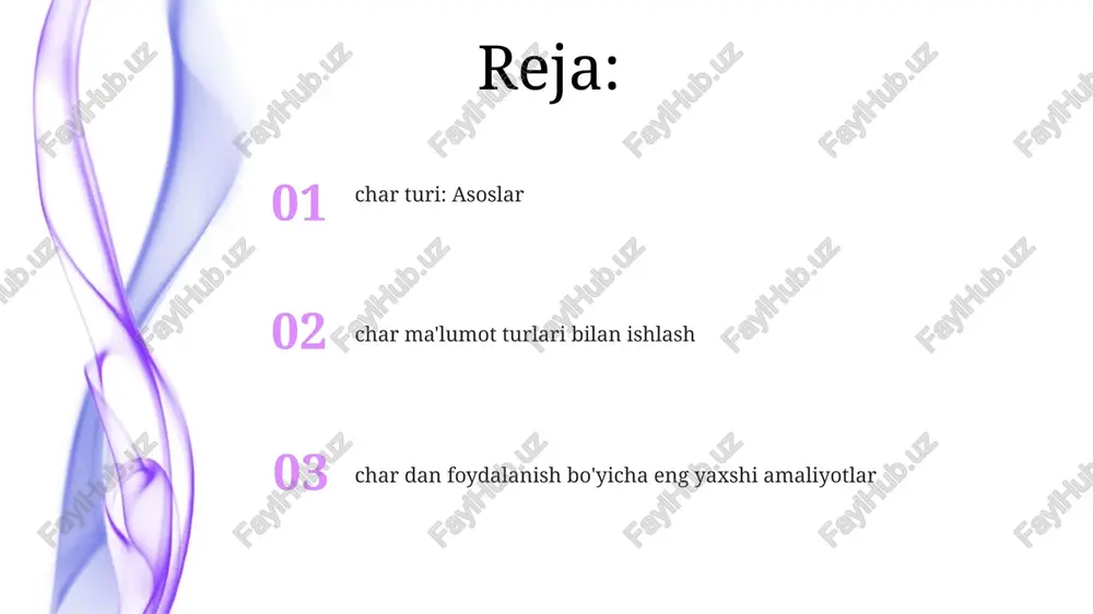 ini ifodalaydi. char turlari bilan amallar char turlari bilan amallarda solishtirish operatorlari ('==', '!=', ' ', ' =') unicode qiymatlarini taqqoslaydi, masalan, 'a' 'a'. char turlarining afzalliklari va kamchiliklari char turlari xotirani tejaydi, chunki ular odatda 8 bit yoki 16 bit joy egallaydi, bu kichik hajmdagi belgilar ma'lumotlarini saqlash uchun optimaldir. char turlari unicode belgilarini qo'llab-quvvatlaydi, bu global dasturlarda keng tarqalgan belgilar to'plamlarini, jumladan 65,536 xil belgilarni ishlatish imkonini beradi. e'tiboringiz uchun rahmat image4.jpg image5.jpg image6.jpg image7.jpg image8.jpg image9.jpg image10.jpg image1.jpeg image2.jpeg image3.jpeg