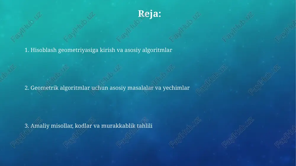 bu xarita ma'lumotlariga asoslangan bo'lib, ko'plab poligonal mintaqalardan tashkil topgan hududda nuqtaning qayerga tushishini aniqlash uchun ishlatiladi. yo'l rejalashtirish va harakatni rejalashtirish algoritmlari a* algoritmi yo'l rejalashtirishda keng qo'llaniladi, taxminiy baholash funksiyasi (heuristika) yordamida eng yaxshi yo'lni topadi va o(n log n) murakkablikka ega bo'lishi mumkin. rrt (randomly exploring random tree) algoritmi harakatni rejalashtirishda qulay, tasodifiy namunalar asosida daraxt quradi va yuqori o'lchamli konfiguratsiya fazolarida 10-30% muvaffaqiyatga erishadi. geometrik shakllarni tanish va optimallashtirish geometrik shakllarni tanishda xatolik darajasini minimallashtirish uchun optimallashtirish algoritmlari qo'llaniladi, masalan, kvadratik dasturlash yordamida optimal moslikni topish mumkin. shakl tanishda xususiyatlarni ajratib olish muhim. optimallashtirish usullari, misol uchun genetik algoritmlar, eng yaxshi 10-15 ta xususiyatni tanlashga yordam beradi. amaliy misollar, masalalarni yechish strategiyalari va kod namunalar amaliy misollarda gis tizimlari orqali 1000+ nuqtalik manzilgohlarni qamrab olgan holda eng qisqa yo'lni topish uchun a* algoritmidan foydalanish mumkin. masalalarni yechishda “bo'laklarga bo'lib hukmronlik qilish” strategiyasidan foydalanib, n ta shakldan …