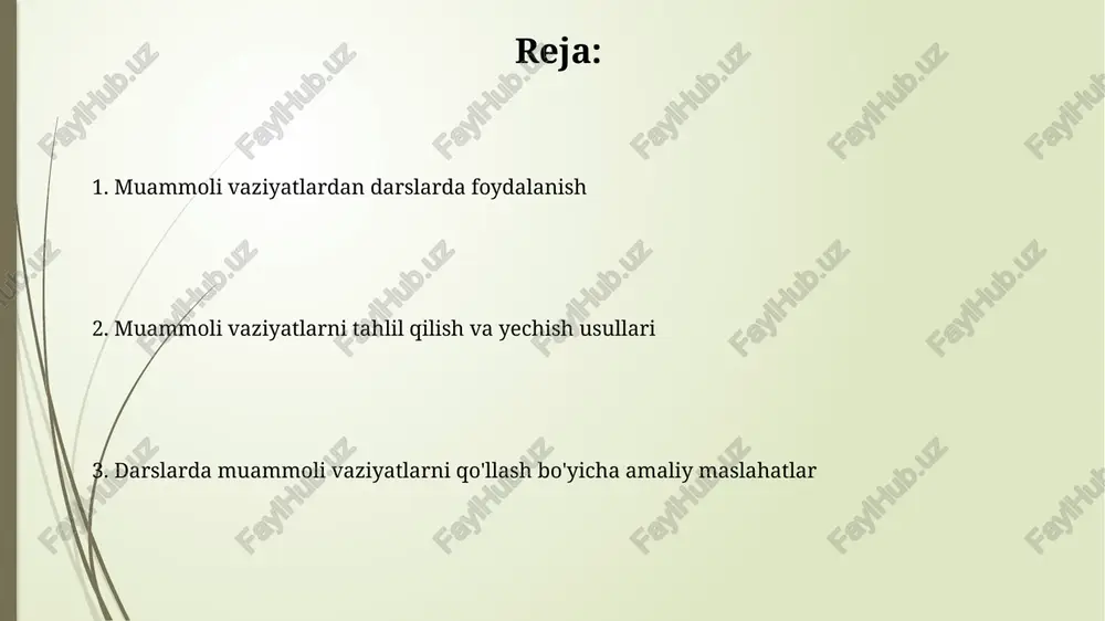 ing roli aniqlanadi. 2-bosqichda, muammoli vaziyatni hal qilish uchun 4-5 ta turli yechimlar generatsiya qilinadi, ularning har biri imkoniyatlar va xavflar nuqtai nazaridan tahlil etiladi. muammoli vaziyatlarni hal qilish strategiyalari “5 whys” texnikasi muammoning ildizini aniqlash uchun ishlatiladi, savollarni ketma-ket berib, asosiy sababni topishga yordam beradi, bu esa 5 ta savoldan ko'proqni talab qilishi mumkin. swot tahlili strategiyasi muammoni hal qilishda kuchli va zaif tomonlarni, shuningdek, imkoniyatlar va xavflarni baholash orqali maqsadga erishish yo'llarini aniqlaydi. o'quvchilarning faolligini oshirishda muammoli vaziyatlar muammoli vaziyatlar o'quvchilarni tadqiqotga undaydi: 75% hollarda, ular yangi bilim olishga, mavzuni 2 karra chuqurroq tushunishga yordam beradi. o'quv jarayonida noaniqlik 60% talabalarda tanqidiy fikrlashni rivojlantiradi va 30% o'z fikrini himoya qilish ko'nikmasini oshiradi. kritik fikrlashni rivojlantirishda muammoli vaziyatlar muammoli vaziyatlar kognitiv dissonansni yaratadi, o'quvchini mavjud bilimlarni 1-darajali shubha ostiga olishga va yangi yechimlar topishga undaydi. kritik fikrlashni rivojlantirish uchun muammoli vaziyatlar o'quvchiga 2 xil nuqtai nazarni tahlil qilish va …