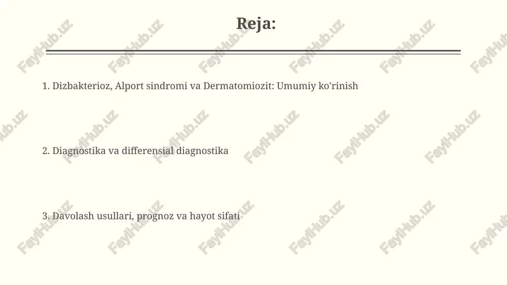 b, buyraklar, eshitish va ko'rishga ta'sir qiladi. kasallik x-ga birikkan, autosomal dominant yoki autosomal retsessiv yo'l bilan o'tishi mumkin, x-ga birikkan shakli esa 80% dan ko'proq hollarda uchraydi. alport sindromining genetikasi alport sindromi genetik jihatdan heterojen boʻlib, col4a3, col4a4 va col4a5 genlaridagi mutatsiyalar natijasida kelib chiqadi, bu esa iv tip kollagenning tuzilishiga taʼsir qiladi. col4a5 genidagi x ga bogʻlangan mutatsiyalar alport sindromining eng keng tarqalgan shakli boʻlib, erkaklarda ogʻirroq namoyon boʻladi, ayollarda esa oʻzgaruvchan darajada taʼsir qilishi mumkin. alport sindromining klinik belgilari alport sindromining dastlabki klinik belgilaridan biri gematuriya bo'lib, 80% dan ortiq bemorlarda mikroskopik yoki makroskopik qon siydikda aniqlanadi va bu ko'pincha bolalik davrida boshlanadi. proteinuriya, siydikda ortiqcha oqsilning bo'lishi, alport sindromida buyrak funktsiyasi yomonlashgani sari ortadi va 30 yoshga kelib ko'pchilik bemorlarda nefrotik sindromga olib kelishi mumkin. alport sindromining diagnostikasi alport sindromi tashxisida buyrak biopsiyasi muhim ahamiyatga ega, u yerda glomerulyar bazal membrananing elektron mikroskopiyasida anormalliklarni, masalan, ingichkalashish …