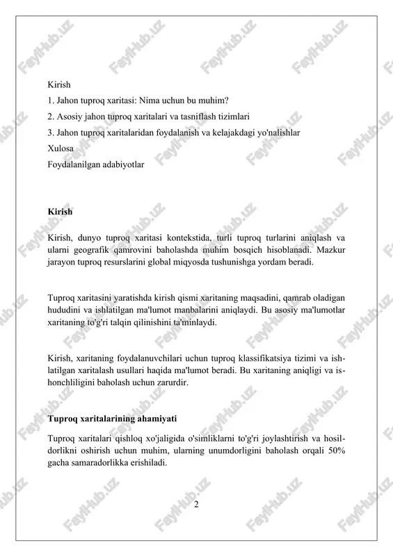 ri mazmuniga ko'ra turlicha bo'lishi mumkin: genetik xaritalar tuproq hosil bo'lish jarayonlarini aks ettiradi, meliorativ xaritalar esa tuproq unumdorligini oshirish chora-tadbirlarini ko'rsatadi. jahon tuproq xaritasi loyihasining tarixi 1960-yillarda fao va unesco jahon tuproq xaritasini yaratish loyihasini boshladi, bu esa tuproq resurslarini global miqyosda baholashga qaratilgan muhim qadam edi. loyihaning maqsadi 1:5,000,000 masshtabda dunyo tuproq xaritasini tuzish boʻlib, bu turli mintaqalar va tuproq turlari haqida qiyosiy maʼlumotlarni taqdim etish imkonini beradi. jahon tuproq xaritasi loyihasi 1970-yillarda yakunlandi, ammo tuproq klassifikatsiyasi tizimini ishlab chiqish kabi sohalarda keyingi tadqiqotlar va rivojlanish uchun asos bo'ldi. jahon tuproq resurslari bazasi (wrb) wrb 2006 versiyasi fao va iuss tomonidan yaratilgan boʻlib, tuproqlarni genetik xususiyatlariga koʻra tasniflashga asoslangan 32 ta asosiy tuproq guruhini oʻz ichiga oladi. wrb tuproq diagnostik xususiyatlari, gorizontlari va materiallaridan foydalanadi. bu standartlashtirilgan terminologiya tuproqlarni aniqroq va global miqyosda solishtirish imkonini beradi. wrb tuproq resurslarini baholash, monitoring qilish va boshqarish uchun asos boʻlib xizmat …