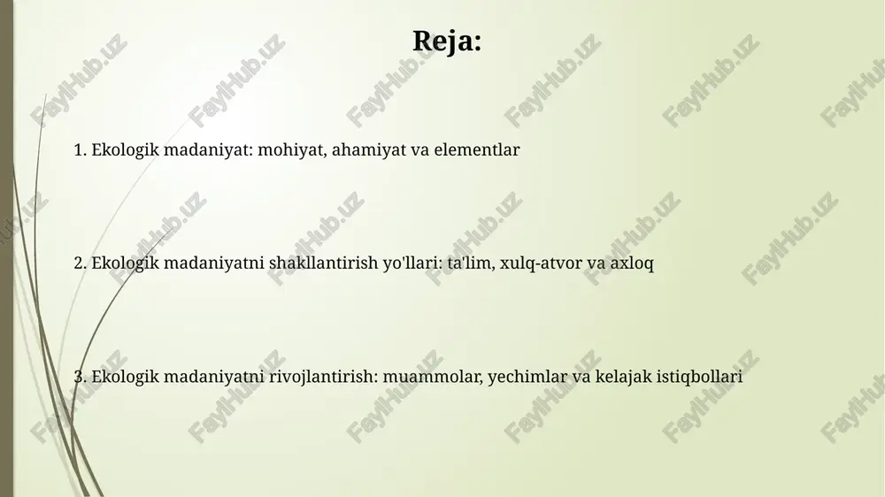 siyosatda ommaviy axborot vositalari, davlat va nntning roli ommaviy axborot vositalari ekologik muammolar haqida 7/24 xabar berish, jamoatchilik fikrini shakllantirish va ekologik ta'limni 60% ga oshirishda muhim rol o'ynaydi. davlat ekologik siyosatni ishlab chiqadi, qonunlar qabul qiladi va 2030 yilgacha chiqindilarni 30% ga kamaytirish kabi maqsadlarga erishish uchun resurslarni ajratadi. biznesning ekologik mas'uliyati va mahalliy hamjamiyatlarning ishtiroki biznes ekologik mas'uliyati chiqindilarni kamaytirish, qayta ishlash, resurslarni tejash bo'yicha texnologiyalarni joriy etish orqali atrof-muhitga ta'sirini minimallashtirishi kerak. mahalliy hamjamiyatlar ekologik monitoringda, daraxt ekish kabi tadbirlarda faol ishtirok etib, hududning ekologik holatini yaxshilashga hissa qo'shishi mumkin. ekologik madaniyatni baholash va monitoring qilish ekologik madaniyatni baholashda 3 ta asosiy indikator: ekologik bilim darajasi (0-100 ball), resurslardan foydalanish samaradorligi (kg/kishi) va atrof-muhitga ta'sir darajasi (pm2.5 darajasi, mkg/m3). monitoring tizimi suv resurslari holatini 5 yillik sikllar bilan, atmosfera ifloslanishini har chorakda, biologik xilma-xillikni esa har 10 yilda o'rganish asosida ma'lumot to'playdi. muammolar, yechimlar va xalqaro tajriba …