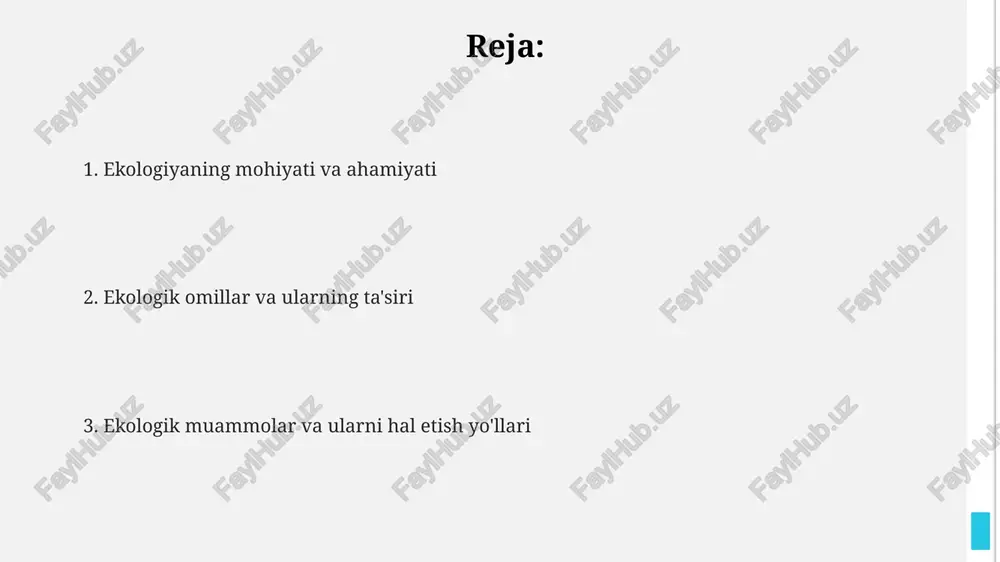 organik) komponentlardan iborat. bu komponentlar o'zaro ta'sirlashib, energiya va moddalar almashinuvini ta'minlaydi. ekosistema tuzilishi trofik darajalar orqali aniqlanadi, masalan, 1-darajali produtsentlar (o'simliklar), 2-darajali iste'molchilar (o'txo'rlar) va yirtqichlar. ekosistemalar funksiyalari orasida birlamchi mahsuldorlik (biomassa hosil qilish), oziq moddalar aylanishi va dekompozitsiya (organik moddalarning parchalanishi) kabi jarayonlar muhim ahamiyatga ega. biogeotsenoz tushunchasi v.n.sukachev biogeotsenoz tushunchasini 1942-yilda fanga kiritgan bo'lib, u o'simliklar, hayvonlar, mikroorganizmlar va ularning yashash muhitining bir butunligini anglatadi. biogeotsenoz - bu tirik organizmlar (biotsenoz) va anorganik muhit (ekotop) o'rtasidagi o'zaro ta'sir natijasida yuzaga keladigan barqaror, takrorlanadigan tabiiy sistema. biogeotsenoz o'z ichiga energiya aylanishi, moddalar almashinuvi va 5 asosiy komponentni: o'simliklar, hayvonlar, mikroorganizmlar, iqlim va tuproqni qamrab oladi. populyatsiyalar ekologiyasi populyatsiya dinamikasi turlarning barqarorligini, masalan, yırtkıch-o'lja munosabatlari yoki raqobatdoshlik, hamda 10 yildan so'ng oqibatlarini bashorat qilish uchun matematik modellarni qo'llaydi. populyatsiyalar ekologiyasi populatsiya hajmi va zichligini o'rganadi, masalan, har kvadrat kilometrga 50 ta quyon, o'sish tezligiga ta'sir etuvchi omillarni tahlil qiladi. …