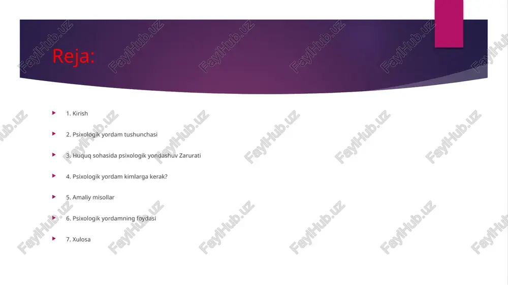 dihuquq tizimida insonparvarlik tamoyilini mustahkamlaydijamiyatda adolatga ishonchni oshiradi xulosa huquq sohasi psixologik bilimlarsiz to‘liq bo‘la olmaydi.psixologik yordam – adolat, insonparvarlik va ishonch kafolati.har bir huquqshunos psixologiya asoslarini bilishi zarur. e’tiboringiz uchun raxmat! image1.jpeg /docprops/thumbnail.jpeg