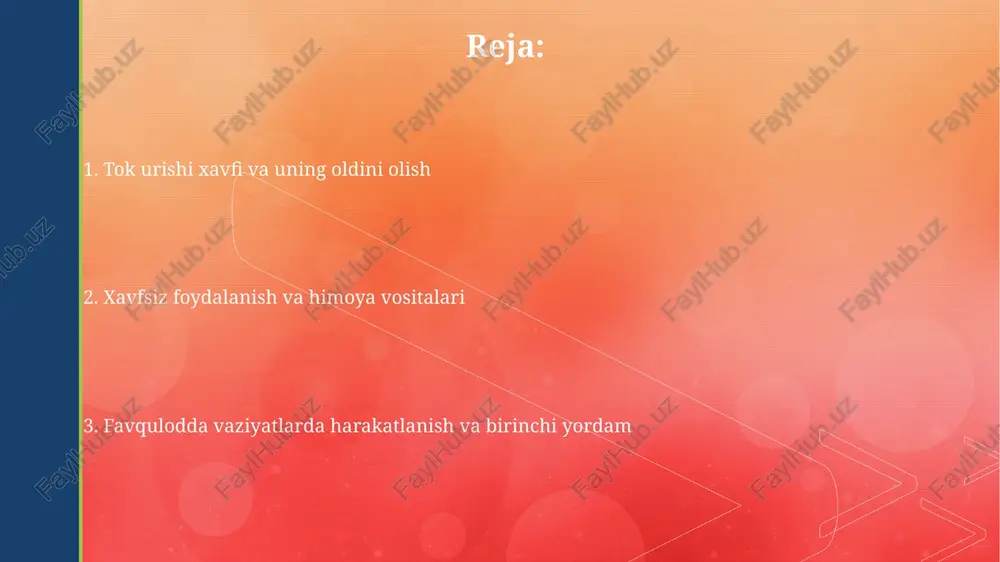 lo, shikastlangan simlar, noto’g’ri ulangan kontaktlar va 30 ma dan yuqori qochqin tok kabi omillarni aniqlash zarur. himoya vositalari qo’llanilishi kerak. favqulodda vaziyatlarda harakatlanish va birinchi yordam elektr toki urishi holatlarida, avvalo, jabrlanuvchini tok manbaidan uzish kerak, lekin o'zingizni xavfga qo'ymaslik uchun izolyatsiya vositalaridan foydalaning, masalan, dielektrik qo'lqoplar yoki yog'och tayoq. agar jabrlanuvchi nafas olmayotgan bo'lsa, tezda sun'iy nafas berishni boshlang (og'izdan og'izga usuli) va yurak massajini qiling (taxminan 30 marta bosish va 2 marta nafas berish) tibbiy yordam kelguncha. xavfsizlik qoidalari, standartlar va xodimlarni o'qitish elektr xavfsizligi qoidalari o'zbekiston respublikasi standartlariga mos kelishi kerak, jumladan gost va o'zdst standartlari, har 3 yilda bir marta xodimlar uchun qayta attestatsiya zarur. xodimlar uchun o'quv dasturlari elektr qurilmalariga xavfsiz xizmat ko'rsatishning 5 asosiy qoidasini o'z ichiga oladi: uzish, blokirovka, tekshirish, zaryadsizlantirish va yerga ulash protseduralari. e'tiboringiz uchun rahmat image4.jpg image5.jpg image6.jpg image7.jpg image8.jpg image9.jpg image10.jpg image2.png image3.png