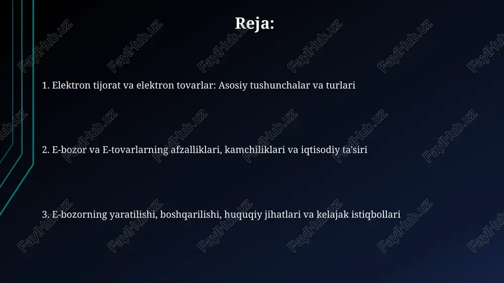 xi 10 dollardan 1000 dollargacha bo'lishi mumkin. e-bozorning afzalliklari va kamchiliklari e-bozorning afzalliklaridan biri – mahsulotlar taqqoslash imkoniyatining 24/7 mavjudligi, bu xaridorlarga eng yaxshi narx va xususiyatlarni topishga yordam beradi, savdo xarajatlarini 15-20% ga kamaytiradi. kamchiliklarga xavfsizlik xavflari kiradi: shaxsiy ma'lumotlarning o'g'irlanishi, firibgarlikning 10% gacha o'sishi, moliyaviy yo'qotishlar bilan bog'liq muammolar va kredit karta ma'lumotlarining himoyasizligi. e-tovarlarning afzalliklari va kamchiliklari elektron tovarlarning asosiy afzalligi - bu 24/7 rejimida mavjudligi, bu iste'molchilarga xarid qilish uchun qulaylik yaratadi, va sotuvchilarga xarajatlarni kamaytirishga yordam beradi. kamchiliklardan biri - bu raqamli piratlik xavfi, bu dasturiy ta'minot, musiqa va kitoblar kabi elektron tovarlar sotuvchilariga katta moliyaviy zarar keltirishi mumkin. e-bozorni yaratish va boshqarish e-bozorni yaratishda, dastlab, 5w1h usulidan foydalanib, bozorni kim uchun, nima uchun, qachon, qayerda va qanday yaratishni aniqlang. e-bozorni boshqarishda mijozlar bilan aloqalarni o'rnatish crm tizimlari orqali amalga oshiriladi, bu orqali mijozlar bazasi 24/7 nazorat qilinadi. e-tovarlarni ishlab chiqarish va tarqatish e-tovarlarni ishlab …