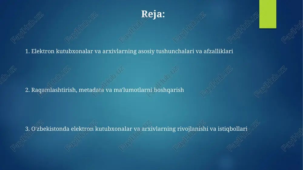 muvofiq dizayn kabi oson navigatsiya va kirish imkoniyatini ta'minlashi kerak. mualliflik huquqi, litsenziyalash va xavfsizlik mualliflik huquqini himoya qilish uchun drm (digital rights management) texnologiyalari qo'llaniladi, lekin ularning samaradorligi bahsli, chunki ularni buzish usullari mavjud va foydalanuvchi tajribasiga salbiy ta'sir qilishi mumkin. elektron resurslarga litsenziyalash creative commons kabi turli xil variantlarni o'z ichiga oladi, bu mualliflik huquqini saqlagan holda foydalanish shartlarini belgilash imkonini beradi va o'zbekiston qonunchiligiga mos kelishi kerak. elektron resurslarni boshqarish va saqlash muddatlari elektron resurslarni boshqarish strategiyalari 5-10 yillik bosqichlarni o'z ichiga oladi, bu vaqt ichida formatlar evolyutsiyasini, texnologik o'zgarishlarni hisobga olgan holda resurslarni baholash va yangilash zarur. saqlash muddatlari siyosati elektron resurslarning qiymati, foydalanish chastotasi va yuridik talablarga asoslanadi; ba'zi resurslar abadiy saqlanishi, boshqalari esa 25 yilgacha saqlanishi mumkin. o'zbekistonda elektron kutubxona va arxivlar: bugun va kelajak o'zbekistonda alisher navoiy nomidagi davlat kutubxonasi 15 milliondan ortiq resurslarni raqamlashtirishni maqsad qilgan, bu esa madaniy merosni saqlashda muhim …