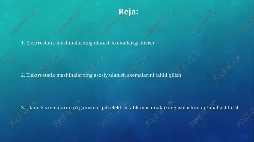 i ko'rsatadi, bu esa mashinaning magnit oqimini tushunish va uning 90 daraja tezlikda aylanishini ta'minlash uchun muhimdir. asosiy elementlar va ularning vazifalari statorda joylashgan asosiy element - bu o'rashlar, ular magnit maydon hosil qiladi. mis simlardan yasalgan bu o'rashlar 3 fazali tok bilan ta'minlanib, aylanuvchi maydon yaratadi. rotor, odatda, po'latdan yasalgan silindrdir. uning asosiy vazifasi statorda hosil bo'lgan aylanuvchi magnit maydoni ta'sirida aylanma harakatga kelish va mexanik quvvat berishdan iborat. ulanish diagrammasini o'qish qoidalari ulanish diagrammasidagi har bir elementning vazifasini aniqlash muhim, masalan, stator sarg'amlari 3 fazali tizimda qanday ulanishga ega (yulduz yoki uchburchak) ekanligini bilish kerak. voltaj (v) va tok (a) ko'rsatkichlari kabi asosiy parametrlar va nominal qiymatlarni o'rganing. bu mashinaning ish rejimi va yuklash xususiyatlarini tushunishga yordam beradi. oddiy elektrostatik mashinaning ulanish diagrammasi oddiy elektrostatik mashinalarning ulanish diagrammasi kamida ikkita asosiy elementni o'z ichiga oladi: yuqori kuchlanish manbai (odatda 10kv dan 100kv gacha) va zaryadlarni tashish uchun mo'ljallangan …