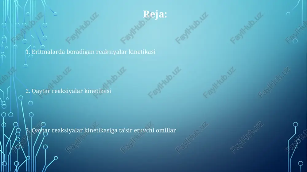 yar reaksiya bitta molekulani o'z ichiga oladi. tezlik konstantasiga ta'sir etuvchi omillar reaksiya harorati tezlik konstantasiga katta ta'sir ko'rsatadi, odatda har 10 °c ga ko'tarilganda tezlik 2-3 barobar oshadi, bu arrhenius tenglamasi bilan izohlanadi: k = a * exp(-ea/rt). aktivatsiya energiyasi (ea) - reaksiyaning borishini ta'minlash uchun zarur bo'lgan minimal energiya; ea qiymati qanchalik past bo'lsa, tezlik konstantasi shunchalik yuqori bo'ladi, aksincha yuqori ea kamroq tezlikni bildiradi. katalizatorlar reaksiya tezligini oshiradi, aktivatsiya energiyasini pasaytiradi va reaksiya mexanizmini o'zgartiradi. katalizatorlar tezlik konstantasini sezilarli darajada oshirishi mumkin, lekin termodinamik muvozanatga ta'sir qilmaydi. diffuziya bilan chegaralangan reaksiyalar debye-smoluchowski tenglamasi diffuziya bilan chegaralangan tezlik konstantasini hisoblash uchun ishlatiladi, bu tenglama erituvchi yopishqoqligi va reaktivlarning diffuziya koeffitsientlarini hisobga oladi. diffuziya bilan chegaralangan reaksiyalarda reaksiya tezligi, reaksiyaga kirishuvchi moddalarning eritmada diffuziyalanish tezligi bilan belgilanadi, kimyoviy bosqich esa tezroq bo'ladi. diffuziya bilan chegaralangan reaksiyalarning tipik tezlik konstantalari 10^9 dan 10^10 l mol^-1 s^-1 gacha suvli eritmalar uchun, …