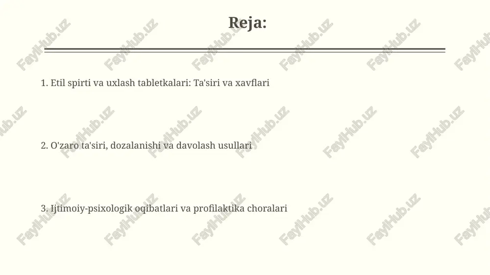 gol va uyqu tabletkalarini asta-sekin olib tashlashni anglatadi. reabilitatsiya kognitiv xulq-atvor terapiyasi (cbt) kabi psixoterapiya usullarini o'z ichiga olishi mumkin, bunda bemorlarga 12 qadamli dasturlar va guruh terapiyasi yordam beradi. profilaktika va qonuniy jihatlar profilaktika uchun spirtli ichimliklarni iste'mol qilishni 21 yoshdan boshlash va uyqu dorilarini faqat shifokor retsepti bilan qabul qilish muhimdir. qonuniy jihatdan, o'zbekistonda etil spirti bilan zaharlanish uchun javobgarlik jinoyat kodeksining 186-moddasiga binoan belgilanadi. psixologik va ijtimoiy oqibatlar uzoq muddatli spirtli ichimliklar va uyqu tabletkalaridan birgalikda foydalanish depressiya, xavotirlik va kognitiv buzilishlar kabi psixologik kasalliklarni 2-3 barobar kuchaytirishi mumkin. ijtimoiy izolyatsiya va oilaviy muammolar ko'pincha etil spirti va uyqu tabletkalariga qaramlikning natijasidir, bu esa ish joyida unumdorlikning 40% gacha pasayishiga olib keladi. e'tiboringiz uchun rahmat image2.jpg image3.jpg image4.jpg image5.jpg image6.jpg image7.jpg image8.jpg