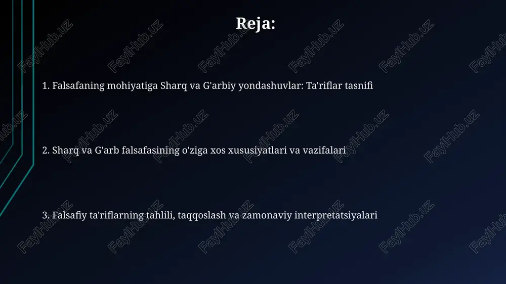 hisoblashadi, sezgi esa ikkinchi darajali rol o'ynaydi. sharq va g'arb falsafasining taqqoslash va farqlari, vazifalari g'arb falsafasi analitik fikrlashga urg'u berib, 1-sababiyatni va 2-universal qonuniyatlarni izlaydi, sharq esa 3-birlikni anglash va hayotning ma'nosini topishga qaratilgan. sharqda falsafa 1-ma'naviy kamolotga erishish vositasi bo'lsa, g'arbda 2-mantiqiy tahlil va bilim olishga yo'naltirilgan; 3-asosiy vazifa - haqiqatni aniqlash. zamonaviy talqinlar, tanqidiy tahlil va baholash zamonaviy talqinlar falsafani 21-asrda inson mavjudligining ma'nosini izlash, axloqiy dilemmalarni hal qilish uchun intellektual vosita sifatida ko'radi. tanqidiy tahlil g'arb falsafasining ratsionalizmidagi haddan tashqari ishonchni, sharq falsafasining esa empirik asos yetishmasligini ta'kidlab, ularni muvozanatlash zarurligini ko'rsatadi. e'tiboringiz uchun rahmat image1.jpg image2.jpg image3.jpg image4.jpg image5.jpg image6.jpg