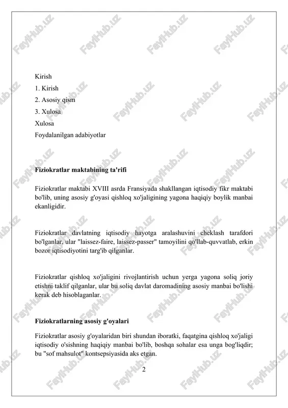 bai bo'lishi kerakligini ta'kidlaganlar. "sof mahsulot" (produit net) tushunchasi "sof mahsulot" (produit net) tushunchasi fiziokratlar taʼlimotining asosiy elementi boʻlib, qishloq xoʻjaligida yaratilgan, xarajatlarni qoplagandan soʻng qolgan "ortiqcha" qiymatni anglatadi. u 100% tabiiy qiymatga ega. fiziokratlar "sof mahsulot"ni davlatning asosiy daromad manbai deb hisoblashgan, chunki faqatgina qishloq xoʻjaligi 30-40% foyda berishi mumkin, sanoat va savdo esa "beoʻlik" deb hisoblangan. "sof mahsulot" tushunchasi iqtisodiyotda tabiiy omillarning ahamiyatini koʻrsatadi, bunda yer 75% omil boʻlib, dehqonlar esa 25% xarajatlar bilan "sof mahsulot"ni yaratuvchi asosiy kuch hisoblanadi. yagona soliq taklifi yagona soliq taklifi fiziokratlar iqtisodiy g'oyalarining muhim qismi bo'lib, unga ko'ra faqatgina yer egalari 100% miqdorda soliq to'lashlari kerak edi, chunki ular "sof mahsulot" yaratadilar. fiziokratlar yagona soliq taklifini qo'llab-quvvatladilar, chunki ular yerga soliq solish iqtisodiyotga zarar keltirmaydi, deb hisobladilar, chunki bu faqat renta shaklida 100% "sof mahsulotdan" olinadi. ushbu taklif iqtisodiy faoliyatni soddalashtirish va soliq yig'ish samaradorligini oshirishga qaratilgan edi, chunki soliqlar faqat yer …