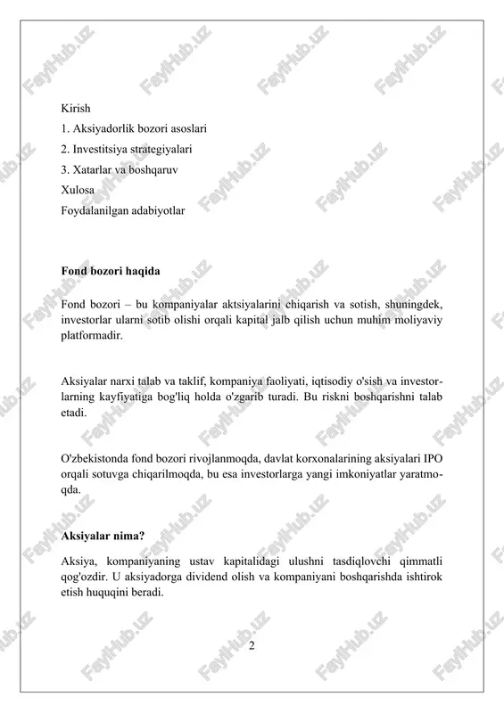 onuniyatiga ko'ra o'zgaradi; yuqori talab narxlarni oshiradi, past talab esa narxlarni pasaytiradi, bu foizlarda ifodalanadi (masalan, 5%). treyding platformalarida brokerlar orqali aksiyalar sotib olinadi va sotiladi; har bir bitim uchun komissiya undiriladi (odatda 0.1% dan 1% gacha) hamda davlat solig'i olinadi. aksiyalar indeksi aksiyalar indeksi odatda bir nechta aksiyalarning ishlashini birlashtirib, bozorni kuzatish uchun asosiy ko'rsatkich bo'lib xizmat qiladi, masalan s 500 500 ta eng yirik aqsh kompaniyasini o'z ichiga oladi. ko'pgina aksiyalar indekslari kapitalizatsiya bo'yicha tortilgan, ya'ni kattaroq bozor kapitalizatsiyasiga ega kompaniyalar indeksga ko'proq ta'sir ko'rsatadi, bu esa ko'rsatkich dinamikasiga sezilarli ta'sir qiladi. aksiyalar indeksi investorlarga diversifikatsiyalashgan portfelga sarmoya kiritish imkoniyatini beradi, ko'pincha indeks fondlari yoki etflar orqali, bu esa bozorni past xarajatlar bilan kuzatib borish imkonini yaratadi. fond bozoriga investitsiya qilishning afzalliklari fond bozorida uzoq muddatli investitsiyalar, o'rtacha 7-10% daromad keltirishi mumkin, bu esa inflyatsiyadan himoya qiladi va pensiya jamg'armasini shakllantirishga yordam beradi. aksiyalarning diversifikatsiyalangan portfeli xavfni kamaytiradi, …