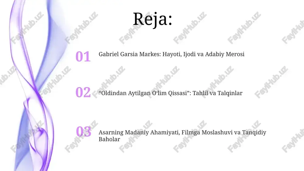 'rona rioya qilishadi va santiagoga qarshi rejalashtirilgan qotillikni amalga oshiradilar. asarning asosiy mavzulari: taqdir, sharaf, jamiyat “oldindan aytilgan o'lim qissasi” asarida taqdir 18 yoshli santyago nasarning o'limini oldindan belgilab qo'ygan voqealarning ketma-ketligi orqali namoyon bo'ladi, bu esa qochib qutulishning ilojsizligini ta'kidlaydi. sharaf tushunchasi asosiy rol o'ynaydi, chunki ikki aka-uka anxel vikario singlisining bokiralik yo'qolganligi sababli santyagoni o'ldirishga majbur bo'ladi, jamiyatning sharafga bo'lgan qat'iy talablari sababli. jamiyat asarda befarq kuzatuvchi sifatida tasvirlangan, ko'pchilik santyago nasarning o'limidan xabardor bo'lsa ham, aralashish uchun hech narsa qilmaydi, bu esa aybdorlikni baham ko'rish tuyg'usini yaratadi. adabiy uslub: sehrli realizmning namoyon bo'lishi markesning asarida sehrli realizm voqealarni o'zgartirmaydi, balki ularni o'quvchi ongida kengaytiradi, miflar va folklorni kundalik hayot bilan birlashtirgan 2 xil dunyo yaratadi. "oldindan aytilgan o'lim qissasi" sehrli realizmni 1950-yillardagi kolumbiyaning qirg'oq bo'yi shahrining oddiy voqeliklari bilan uyg'unlashtirib, oilaviy nizolarning haqiqatini ochib beradi. "oldindan aytilgan o'lim qissasi"dagi tushlar, oldindan aytishlar va g'ayritabiiy hodisalar 10 dan …