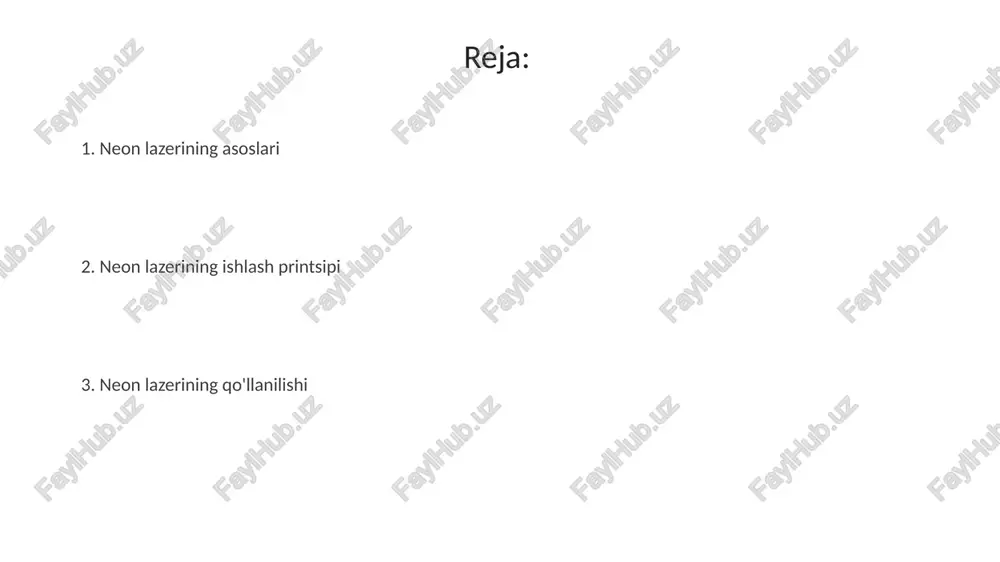 'rganishda 10^-9 gacha aniqlik bilan erishish imkonini beradi. optik aloqa tizimlarida neon lazerlaridan foydalanish optik tolalar orqali ma'lumotlarni 100 gbps tezlikda uzatish imkoniyatini yaratadi, bu esa yuqori o'tkazuvchanlikni ta'minlaydi. neon lazerlarining turlari neon lazerlarining bir turi, 632.8 nm to'lqin uzunligida qizil nur chiqaruvchi geliy-neon (hene) lazerlar bo'lib, interferometriya va barkod skanerlarida keng qo'llaniladi. impulsli neon lazerlarida qisqa, yuqori quvvatli nurlar hosil qilinadi. ular, odatda, 540.1 nm dan 640.1 nm gacha bo'lgan diapazonda nurlanishni amalga oshiradi va ilmiy tadqiqotlarda ishlatiladi. neon lazerlarining kelajagi va rivojlanish tendentsiyalari yangi neon lazer texnologiyalari 632.8 nm toʻlqin uzunligida yuqori aniqlikdagi holografik ma'lumotlarni saqlash imkoniyatlarini rivojlantirishga intiladi. neon lazerlarining kelajagi yuqori quvvatli (500w+) lazer manbalarini yaratishga qaratilgan boʻlib, sanoatda metall kesish va payvandlash uchun qoʻllaniladi. e'tiboringiz uchun rahmat image3.png image4.jpg image5.jpg image6.jpg image7.jpg image8.jpg image1.jpeg image2.jpeg