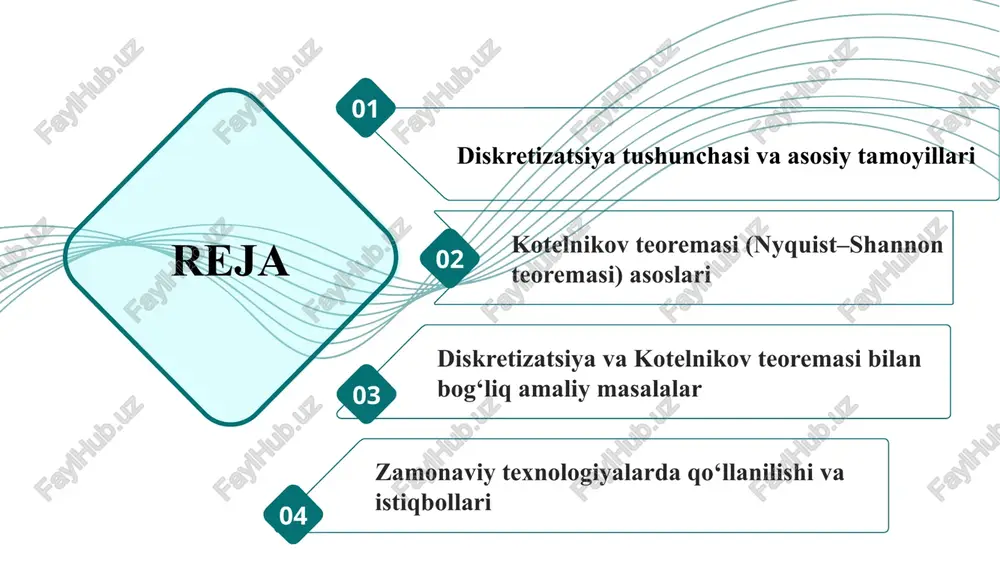 signalni odatda x[n] bilan ifodalaymiz, bu yerda n – indeks va x[n]=x(nt). shu tariqa, uzluksiz va diskret signallar bir-biriga bog‘liq bo‘lib, ularning tushunchasi va xususiyatlarini tushunish muhimdir. diskretizatsiya – signalni uzluksiz vaqt oralig‘idan belgilangan nuqtalarga aylantirish jarayonidir. agar x(t)= uzluksiz signal bo‘lsa, diskret signal x[n]=x(nt) ko‘rinishida yoziladi, bu yerda t – namunalash davri. raqamli qurilmalar faqat diskret nuqtalardagi ma’lumotni qabul qilishi sababli diskretizatsiya zarur hisoblanadi. shu jarayon orqali signal hajmi kamayadi va uni saqlash hamda uzatish osonlashadi. diskretizatsiya tezligi va namunalash chastotasi signal sifatini saqlashda muhim rol o‘ynaydi. natijada, diskretizatsiya zamonaviy elektron va axborot tizimlari uchun asosiy jarayonlardan biridir. diskretizatsiya jarayonining matematik ifodasi diskretizatsiya jarayoni matematik jihatdan signalning belgilangan vaqt nuqtalarida qiymatlarini olish orqali ifodalanadi. agar uzluksiz signal 𝑥(𝑡) x(t) bo‘lsa, diskret signal: x[n]=x(nt),n=0,1,2,… bu ifoda signalni raqamli tizimda qayta ishlashga tayyorlaydi. namunalash davri t kichik bo‘lsa, signalning asl shakli aniqroq aks ettiriladi. shu tariqa, matematik model signal sifatini saqlash …