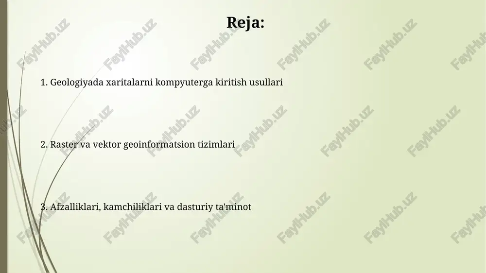 ni, masalan, tog' jinslarining turi, yoshi va joylashuvini ko'rsatadi, shuningdek, 1:25,000 dan 1:1,000,000 gacha bo'lgan masshtablarda tuziladi. topografik xaritalar relyefni, suv havzalarini va yo'llarni batafsil tasvirlaydi, balandlik nuqtalarini va kontur chiziqlarini o'z ichiga oladi hamda 1:10,000 dan 1:100,000 gacha bo'lgan masshtablarda yaratiladi. afzalliklari, kamchiliklari va dasturiy ta'minot raster ma'lumotlarning afzalligi - bu 1 sm gacha bo'lgan katta hajmdagi ma'lumotlarni tezkor namoyish qilish, lekin kamchiligi - geo-ishlov berishda aniqlikning pastligi va katta hajmli fayllar yaratish. arcgis kabi dasturlar raster ma'lumotlarni tahlil qilishda keng qo'llaniladi. vektor ma'lumotlarining afzalligi - bu yuqori aniqlik va topologik ma'lumotlarni saqlash qobiliyati, kamchiligi esa murakkab ma'lumotlar uchun katta hajmdagi xotirani talab qilishi mumkin. qgis kabi dasturlar vektor ma'lumotlarni boshqarishda samarali. xulosa va misollar xulosa shuni ko'rsatadiki, vektor formatlar aniqlikni ta'minlaydi, masalan, 1:24,000 geologik xaritalarda, rasterlar esa sun'iy yo'ldosh tasvirlari kabi keng qamrovli ma'lumotlarni taqdim etadi. misol uchun, arcgis vektor ma'lumotlarini tahlil qilish uchun ishlatiladi, mapinfo esa raster …