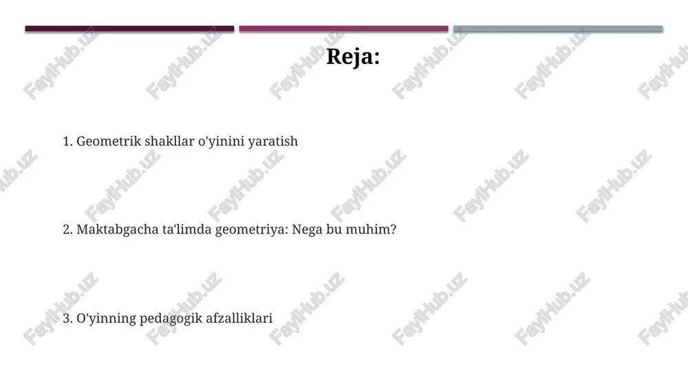 rtasi bo'lmasa, ular bitta yangi karta olishlari kerak. geometrik shakllarni o'rgatishda pedagogik yondashuvlar bolalarga 3 o'lchamli shakllarni (masalan, kublar) va 2 o'lchamli shakllarni (masalan, doiralar) tushuntirishda jismoniy manipulatsiyalar, bolalarning sensorimotor rivojlanishiga yordam beradi, bu juda muhim. shakllarni kundalik hayotdagi narsalar bilan bog'lash, masalan, pizza bo'lagi uchburchak shaklida ekanligini ko'rsatish, 4-5 yoshli bolalarning abstrakt tushunchalarni tushunishini osonlashtiradi. o'qituvchilar turli shakllarni taqqoslash va farqlash uchun venn diagrammalaridan foydalanishlari mumkin; 6 yoshdan oshgan bolalar uchun bu, ularning analitik fikrlash qobiliyatini rivojlantirishga yordam beradi. o'yinning maktabgacha ta'lim tashkilotidagi o'rni oʻyin maktabgacha taʼlim standartlariga mos keladi, 5 asosiy rivojlanish sohasini qamrab oladi: ijtimoiy-emotsional, nutq, kognitiv, jismoniy va ijodiy, har bir sohaga alohida hissa qoʻshadi. oʻyin maktabgacha yoshdagi bolalarning geometrik shakllarni idrok etish qobiliyatini shakllantiradi, 3-6 yoshdagi bolalar uchun vizual-harakat koordinatsiyasini rivojlantirishda yordam beradi. oʻyin bolalarga 2d va 3d shakllar orasidagi farqni oʻrganishga imkon beradi, 4 xil asosiy shaklni (doira, kvadrat, uchburchak, toʻrtburchak) aniqlash va taqqoslash …