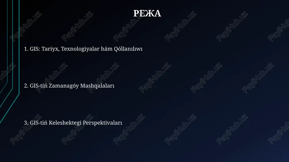 m qabillaw proceslerin jaqsillawga alip keledi. kvant kompyuterleri gis analizlerine 100 ese tezlik beredi, iri spatial ma'lumotlar bazasini qayta islew hám optimallashtiriwdi tezlestiredi, bul 2040-jillarga shekem bolǵan dáwirde haqiyqatqa aylanadi. juwmaqlaw hám dodalaw gis keleshegi kóp parametrli tahlil hám 3d vizualizaciyanıń rawajlanıwı menen baylanıslı bolıp, smart qalalardıń ósiwi 2030-jılǵa shekem gis qollanılıwın keńeytedi. mashqalalardı sheshiwde, kómpleks datalardıń úlken kólemin qayta islewde, 99% ǵa shekem dállikti támiyinlewde zamanagóy gis texnologiyaları paydalı boladı. nazariңiz үshіn raxmet image1.jpg image2.jpg image3.jpg image4.jpg image5.jpg image6.jpg