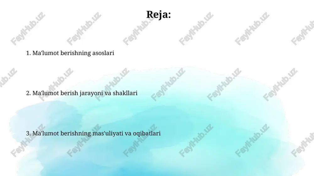 agar ma'lumot beruvchi soxta yoki noto'g'ri ma'lumot bersa, u javobgarlikka tortilishi mumkin, masalan, moddiy zarar uchun 224-bandga muvofiq javob berishi mumkin, bu esa jiddiy oqibatlarga olib keladi. ma'lumot berish ko'nikmalari va misollar samarali ma'lumot berish tinglovchini diqqat bilan tinglashni o'z ichiga oladi. masalan, 70% tinglash va 30% gapirish orqali aniq va tushunarli javoblar berish, noaniqliklarni kamaytirish mumkin. ma'lumot berishda 5w1h usulidan foydalanish (kim, nima, qayerda, qachon, nima uchun, qanday) muhim. misol uchun, mijoz shikoyat qilganda, bu savollarga javob topish muammoni hal qiladi. soxta ma'lumot berish oqibatlari va treninglar soxta ma'lumot berish oqibatlari huquqiy choralarni o'z ichiga olishi mumkin, masalan, sudga murojaat qilish, moliyaviy jarimalar yoki hatto 10 yillik qamoq jazosi, qonunbuzarlik darajasiga qarab belgilanadi. ma'lumot berish bo'yicha treninglar shaxsiy ma'lumotlarni himoya qilishga qaratilgan amaliy mashqlarni o'z ichiga oladi, ularda ishtirokchilar 5 dan ortiq aniq maxfiylik buzilishlariga qarshi kurashish strategiyalarini o'rganadilar. e'tiboringiz uchun rahmat image2.jpg image3.jpg image4.jpg image5.jpg image6.jpg image7.jpg image8.jpg …
