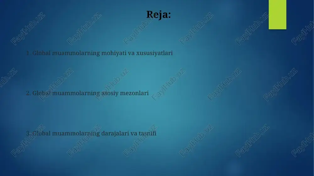 o'lim ko'rsatkichi yoki turmush darajasining pasayishi kabi 10-20% o'sishi global muammo hisoblanadi. global muammolar darajalari: tasniflash yondashuvlari global muammolar darajalari 3 asosiy toifaga bo'linadi: mahalliy (faqat 1 davlatga ta'sir qiladi), mintaqaviy (bir nechta davlatga ta'sir qiladi) va global (butun dunyoga ta'sir qiladi). muammolarni tasniflashda 'jiddiylik' mezonidan foydalanish mumkin, ya'ni 1-darajali muammolar sezilarli salbiy oqibatlarga olib keladi, 2-darajali muammolar esa keng tarqalgan xavf tug'diradi. tasniflash yondashuvlaridan biri - bu muammolarning kelib chiqish sabablariga ko'ra guruhlash: tabiiy (zilzilalar) va inson omili (ekologik ifloslanish) natijasida yuzaga kelgan 4 asosiy guruh mavjud. eng dolzarb global muammolar: tahlil va baholash biologik xilma-xillikning yo'qolishi, har yili 1000 dan ortiq tur yo'qolishi bilan bog'liq bo'lib, ekotizimlar barqarorligiga tahdid soladi va oziq-ovqat xavfsizligini xavf ostiga qo'yadi. iqlim o'zgarishi, atmosferadagi co2 darajasining 415 ppm dan oshishi bilan ifodalangan, qurg'oqchilik va suv toshqinlari kabi ekstremal ob-havo hodisalarini kuchaytiradi. global sog'liqni saqlash, covid-19 pandemiyasi kabi, sog'liqni saqlash tizimlarining zaifligini va samarali …