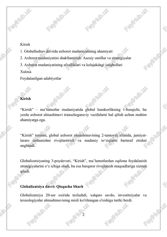 10% gacha xato xabarlar tarqatib, global hamjamiyatning ishonchini yo'qotadi, bu esa jiddiy ijtimoiy oqibatlarga olib keladi. noto'g'ri ma'lumotlar tarqalishi biznesga 25% gacha zarar yetkazishi, investitsiya qarorlarini noto'g'ri yo'naltirishi mumkin. bu esa, barqaror iqtisodiy o'sishga to'sqinlik qiladi. nega axborot madaniyati siyosiy manipulyatsiyaga olib keladi, saylov natijalariga 15% gacha ta'sir ko'rsatadi va demokratik institutlarning obro'siga putur yetkazadi. globalizatsiyaning axborotga ta’siri globalizatsiya axborot oqimini 100 barobar oshirib, yangi kommunikatsiya texnologiyalari (5g, sun’iy intellekt) orqali xabarlarni tez tarqatish imkoniyatini yaratdi. globalizatsiya 4.0 davrida axborot xavfsizligi dolzarbligi ortdi, kiberhujumlar soni 75% ga ko‘paydi, shaxsiy ma’lumotlarni himoya qilish muhim ahamiyatga ega. globalizatsiya natijasida 60% dan ortiq kompaniyalar o‘z marketing strategiyalarini raqamlashtirdi, onlayn reklama va ijtimoiy tarmoqlar ta’siri 80% gacha oshdi. axborot madaniyatining iqtisodiy foydalari axborot madaniyati innovatsiyalarni rag'batlantiradi, bu esa yalpi ichki mahsulot (yaim) o'sishiga turtki berib, yangi texnologiyalarni 15% tezroq qabul qilishga olib keladi. korxonalarda axborot madaniyati xarajatlarni 20% ga kamaytiradi, chunki optimallashtirilgan resurslar va …