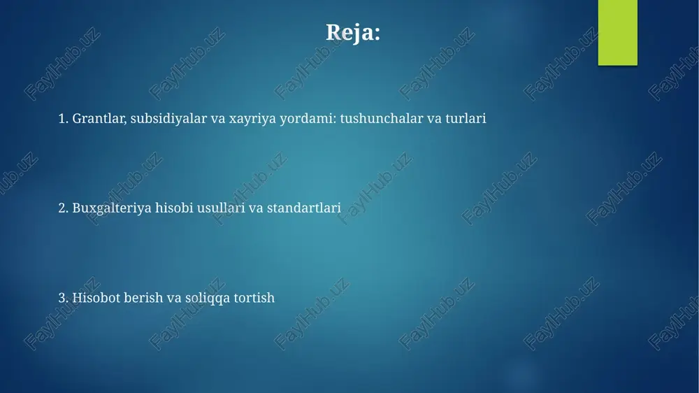 amortizatsiya davri mobaynida, aktivning foydali xizmat muddati davomida daromad sifatida tan olinadi, bu esa moslashtirishni ta’minlaydi. subsidiyalar bo'yicha buxgalterlik hisobi subsidiyalar buxgalterlik hisobida aktivlar sotib olish uchun maqsadli foydalanilgan mablag’lar, masalan, 08.1 “asosiy vositalar xarid qilish” hisobida aks ettiriladi. subsidiyalar bilan bog’liq xarajatlar, masalan, ish haqi yoki materiallar, 7110 “sotish xarajatlari” yoki 9410 “davr xarajatlari” hisoblarida to’g’ridan-to’g’ri aks ettiriladi. xayriya yordami bo'yicha buxgalterlik hisobi xayriya yordami hisobi 7610-“olinadigan subsidiyalar” schyotida yuritiladi, bu yerda pul mablag‘lari va boshqa aktivlarning kelib tushishi aks etadi. xayriya yordami nxsga tortilmaydi. ammo, agar yordam tovarlar shaklida berilsa, ularning sotilishi umumiy tartibda soliqqa tortilishi mumkin. grantlar, subsidiyalar va xayriya yordamini hisobga olishda hujjat aylanishi grantlar bo'yicha hujjat aylanishi shartnomani (masalan, 123-sonli) va smetani o'z ichiga oladi; harajatlar 7110-hisobda aks ettiriladi. subsidiyalar hisobi uchun 101-sonli qarorga asosan, 8330-hisobdan maqsadli foydalanishga o'tkazma qilishda hujjatlar rasmiylashtiriladi. grantlar, subsidiyalar va xayriya yordamining soliqqa tortilishi grantlar soliqqa tortilishi, agar ular tijorat …