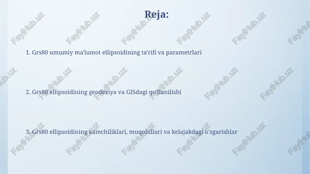 h masofalarni, yo'nalishlarni va balandliklarni aniqlash uchun uch o'lchovli koordinata tizimini yaratadi, bu esa aniq pozitsiyalash imkonini beradi. ellipsoidning matematik formulalari, masalan, radius va tekislash, geodezik muammolarni hal qilish, nuqtalar orasidagi geodezik masofalarni hisoblash va yuzalarni aniqlashda qo'llaniladi. geografik axborot tizimlari (gis)da qo'llanilishi gis grs80 ellipsoidini xaritalarni aniq georeferenslash uchun ishlatadi, bu esa 1980 yilgi geodezik ma'lumotlar asosida joylashuv ma'lumotlarini aniqroq ko'rsatadi. gisda grs80 ellipsoididan foydalanish vertikal o'lchovlar aniqligini oshiradi, chunki balandlik ma'lumotlari ellipsoid yuzasiga nisbatan aniqlanadi va 3d tahlil imkonini beradi. gps bilan integratsiya gps koordinatalari odatda wgs 84 ellipsoidida ifodalanadi. grs80 esa geodezik hisoblashlar va xaritalash uchun asos bo'lib, gps bilan to'g'ridan-to'g'ri mos kelmaydi, shuning uchun konvertatsiya kerak. grs80 dan foydalanish gpsdan olingan ma'lumotlarni mahalliy geodezik tizimga bog'lash uchun muhim, chunki to'g'ridan-to'g'ri ishlatishda 1-2 metrgacha bo'lgan noaniqliklar yuzaga kelishi mumkin. aloqa standartlari grs80 ellipsoidiga asoslangan aloqa standartlari, masalan, itu-r tavsiyalari, pozitsiyalashda 1-2 metrlik aniqlikni ta'minlab, ma'lumotlar uzatish tizimlarida …