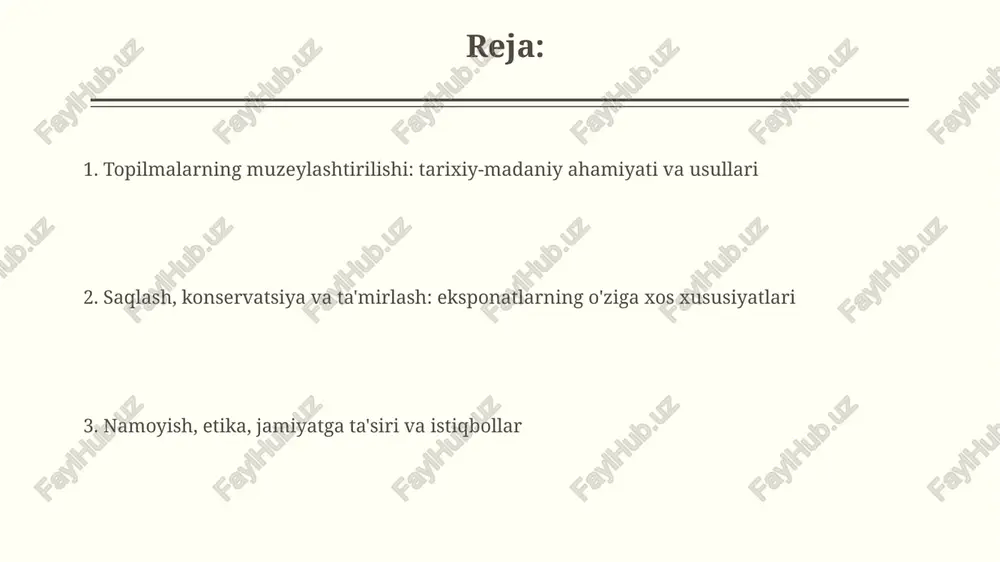 dan kam bo'lishi mumkin. eksponat turlari va ularning o'ziga xos xususiyatlari arxeologik topilmalar, masalan, miloddan avvalgi 3000-yillarga oid sopol idishlar mo'rtligi bilan ajralib turadi, konservatsiya uchun harorat va namlikni qat'iy nazorat qilish talab etiladi. san'at asarlari, masalan, 18-asrga oid moybo'yoqli rasmlar, yorug'lik ta'siriga sezgir, shuning uchun ularni himoya qilish uchun uv filtrlari va past yorug'lik darajasi kerak. namoyish qilish usullari: innovatsiyalar va an'analar an'anaviy vitrinalardan tashqari, proyeksiyalar yordamida artefaktlarning 3d modellarini namoyish qilish innovatsion usul bo'lib, interaktiv o'rganish imkonini beradi. bu metodika tomoshabinlarning diqqatini tortadi. interaktiv sensorli ekranlar va virtual reallik (vr) tajribalari eksponatlarning tarixini yanada chuqurroq anglashga yordam beradi, ayniqsa, 19-asrga oid kollektsiyalarni namoyish qilishda qulaydir. muzey etikasi va qonunchilik asoslari muzey etikasi icom kodeksida belgilangan bo'lib, 1970-yilgi konvensiya artefaktlarni noqonuniy import, eksport va o'tkazishga qarshi kurashni qamrab oladi. mualliflik huquqi qonuni va intellektual mulk huquqlari muzeylarda namoyish etilgan barcha materiallar uchun qo'llaniladi, 70 yildan ortiq mualliflik huquqidan himoyalangan …