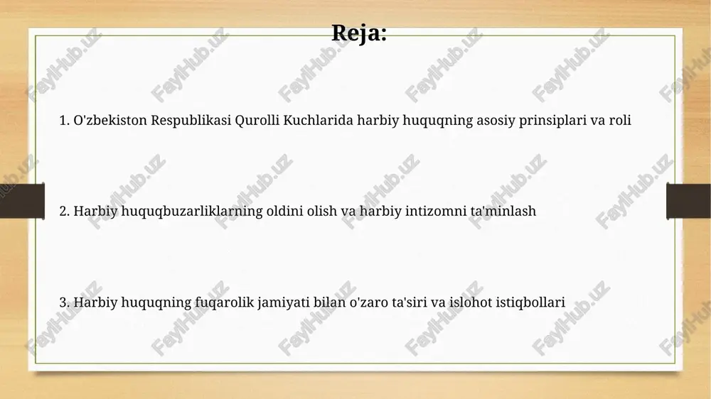 uquqiga ega, bu qonun bilan 20 turdagi imtiyozlar bilan ta'minlangan. o'zbekiston respublikasida harbiy sud tizimi o'zbekiston harbiy sud tizimi uch bosqichli tuzilishga ega: tuman harbiy sudlari, hududiy harbiy sudlar va o'zbekiston respublikasi oliy sudining harbiy hay'ati. harbiy sudlar harbiy xizmatchilar tomonidan sodir etilgan jinoyatlar, shuningdek, mudofaa, xavfsizlik va huquqni muhofaza qilish organlaridagi huquqbuzarliklar bo'yicha ishlarni ko'rib chiqadi. harbiy prokuratura organlarining roli harbiy prokuratura organlari qurolli kuchlarda qonuniylikni nazorat qilish, harbiy qismlarda huquqbuzarliklar profilaktikasini tashkil etish va 20 dan ortiq turdagi jinoyatlarni tergov qilish vakolatiga ega. harbiy prokuratura zobitlari harbiy xizmatchilarning huquqlari himoyasini ta'minlaydi, shikoyatlarni ko'rib chiqadi va qonunbuzilish holatlari aniqlanganda, 10 kun ichida choralar ko'rishni ta'minlaydi. harbiy ma'muriy huquqning asosiy jihatlari harbiy ma'muriy huquq, qurolli kuchlar faoliyatini tartibga soluvchi, harbiy boshqaruv organlari tomonidan qabul qilinadigan me'yoriy hujjatlarni (buyruqlar, yo'riqnomalar) o'z ichiga oladi. intizomiy ustavlar va ichki xizmat qoidalari harbiy ma'muriy huquqning muhim qismidir. ular harbiy xizmatchilarning huquqlari, majburiyatlari va javobgarliklarini …