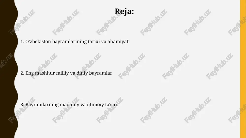 , unda bug'doy unib chiqishi uchun 7-10 kun davomida tayyorlanadi va jamoa bo'lib pishiriladi. bayramlarning ijtimoiy ahamiyati bayramlar, 10-20 nafar odam ishtirok etadigan oilaviy uchrashuvlardan tortib, millionlab kishilik milliy nishonlashgacha bo'lgan jamiyat birdamligini mustahkamlaydi va avlodlar o'rtasida aloqalarni kuchaytiradi. ular madaniy merosni asrashga yordam beradi, chunki 50 dan ortiq turli urf-odatlar, o'yinlar va marosimlar nishonlanadi, bu esa milliy o'zlikni saqlab qolishning muhim qismidir. o'zbekiston bayramlarining turizmga ta'siri o'zbekistonda navro'z kabi yirik bayramlar mart oyida turizmning 20-30% ga oshishiga olib keladi, chunki bu davrda xalqaro sayohatchilar madaniy tadbirlarga qiziqadi. iyd al-fitr va iyd al-adha kabi diniy bayramlarda turizm mahalliy yo'nalishlarda 15% ga o'sadi, ziyoratchilar va oilalar muqaddas joylarga tashrif buyuradi. e'tiboringiz uchun rahmat image1.jpg image2.jpg image3.jpg image4.jpg image5.jpg image6.jpg image7.jpg