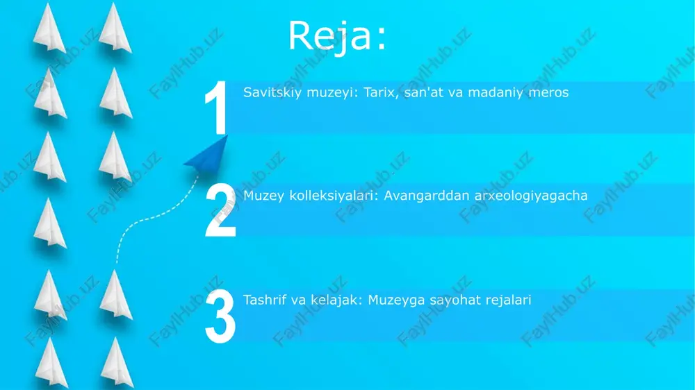 lubi rivojlangan, bu esa milliy o'ziga xoslikni saqlab qolishga yordam bergan. amaliy san'atda gilamdo'zlik, kashtachilik va zargarlik buyumlari keng tarqalgan bo'lib, ularda 10 dan ortiq an'anaviy naqshlar va ranglar kombinatsiyalari qo'llanilgan. ekspozitsiyalar va ko'rgazmalar start muzey har yili 20 dan ortiq vaqtinchalik ko'rgazmalarni o'tkazadi, ularda savitskiy kolleksiyasidan kamida 50 ta asar namoyish etiladi va mavzular avangard san'atiga qaratiladi. ekspozitsiyalar 3 ta asosiy bo'limga bo'lingan: avangard san'ati, o'zbek san'ati va amaliy san'at, har bir bo'limda kamida 100 dan ortiq eksponat mavjud. muzeyning ahamiyati va kelajak rejalari muzey o'zbekistonning madaniy merosini saqlashda muhim rol o'ynaydi, 50 mingdan ortiq eksponatni namoyish etib, mintaqa tarixini aks ettiradi va kelajak avlodlarga yetkazishni maqsad qilgan. kelajakda muzey innovatsion texnologiyalardan foydalangan holda interaktiv ekspozitsiyalarni yaratish, xalqaro hamkorlikni kengaytirish va 2025-yilgacha tashrif buyuruvchilar sonini 2 barobarga oshirishni rejalashtirmoqda. e'tiboringiz uchun rahmat image5.png image6.jpg image7.jpg image8.jpg image9.jpg image10.jpg image11.jpg image12.jpg image1.jpeg image2.jpeg image3.jpeg image4.jpeg
