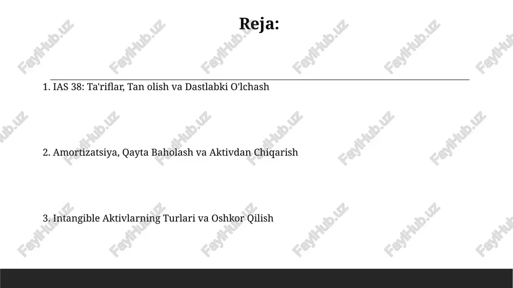 tan olinadi, chunki ias 38 ularni kapitalizatsiya qilishni taqiqlaydi. ushbu qoida moliyaviy hisobotlarning ishonchliligini ta'minlaydi. ishlab chiqish xarajatlari aktiv sifatida kapitalizatsiya qilinishi mumkin, faqat ias 38 da ko'rsatilgan oltita aniq mezon bajarilganda, masalan, aktivni yakunlashning texnik imkoniyati. goodwill va boshqa maxsus intangible aktivlar goodwill amortizatsiya qilinmaydi, lekin har yili kamida bir marta yoki agar qiymat pasayganligini ko'rsatadigan ko'rsatkichlar bo'lsa, tez-tezroq qiymatdan mahrum bo'lish uchun sinovdan o'tkaziladi. goodwill - bu biznesni sotib olishda to'langan baho sotib olingan aniqlanadigan aktivlar va majburiyatlarning sof adolatli qiymatidan oshganda yuzaga keladigan aktiv bo'lib, u ifrs 3 ga muvofiq hisobga olinadi. aktivdan chiqarish va oshkor qilish aktivdan chiqarish natijasida keladigan foyda yoki zarar, agar moddiy ahamiyatga ega bo'lsa, daromadlar to'g'risidagi hisobotda oshkor etiladi, bunda sof summalar ko'rsatiladi. ias 38 talabiga binoan, nomoddiy aktivlar uchun foydali xizmat muddati yoki amortizatsiya stavkalari va usullari moliyaviy hisobotlarda oshkor qilinishi kerak. e'tiboringiz uchun rahmat image1.jpg image2.jpg image3.jpg image4.jpg image5.jpg image6.jpg …