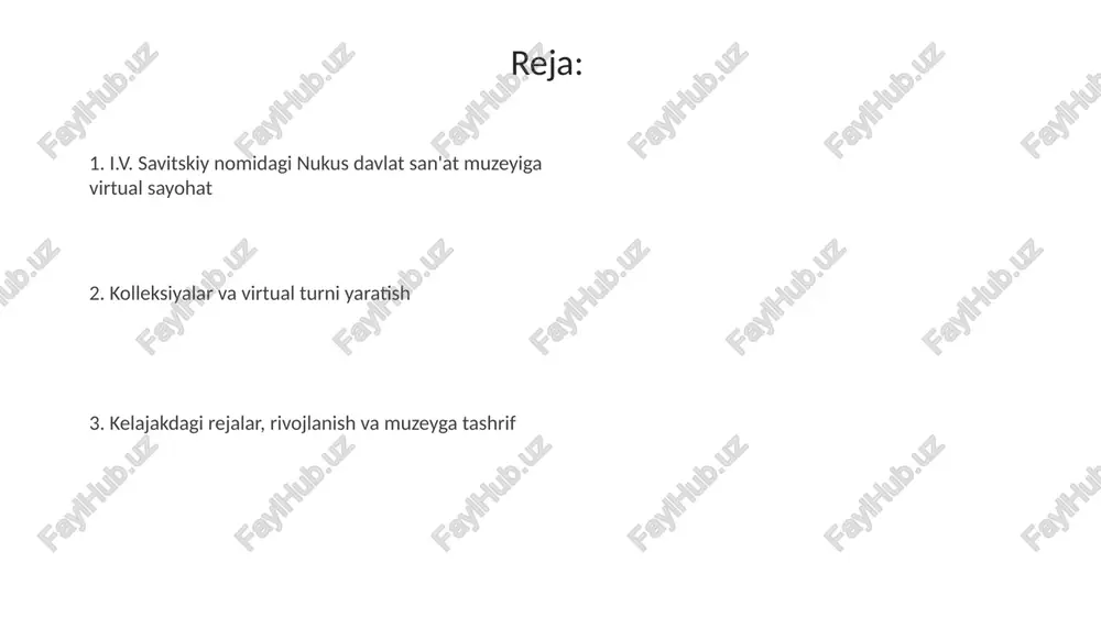 siya qilinadi. virtual tur bo'ylab sayohat: asosiy eksponatlar va interaktiv elementlar virtual turdagi asosiy eksponatlar orasida 1920-1930-yillardagi avangard san'ati, masalan, aleksandr volkovning asarlari, yuqori aniqlikdagi 3d modellar orqali taqdim etilgan. interaktiv elementlar orqali har bir eksponatning tarixi, muallifi va texnik xususiyatlari haqida qo'shimcha ma'lumot olish mumkin. matnlar 5 ta tilga tarjima qilingan, audio gidlar ham mavjud. foydalanuvchi tajribasi, ta'lim va ommalashtirish onlayn tur foydalanuvchi tajribasini yaxshilash uchun o'rganish davomida 360 gradusli ko'rinish va yuqori aniqlikdagi suratlar kiritilgan, bu esa imkon qadar real tajriba yaratadi. ta'lim maqsadlarida muzey virtual turida interaktiv o'yinlar, viktorinalar va 20 dan ortiq tilga tarjima qilingan ma'lumotlar taqdim etiladi, bu esa auditoriyani kengaytirishga yordam beradi. muammolar, yechimlar va kelajak rejalar muammo: interaktiv elementlar ko‘p bo‘lsa, yuklanish vaqti ortadi. yechim: ma’lumotlarni bosqichma-bosqich yuklash, foydalanuvchi tanloviga qarab qo‘shimcha ma’lumotlarni taqdim etish. kelajak: vr/ar texnologiyalarini integratsiya qilish. muammo: internet aloqasining beqarorligi virtual tur sifatiga ta’sir qiladi. yechim: tur yuklanishini optimallashtirish, …